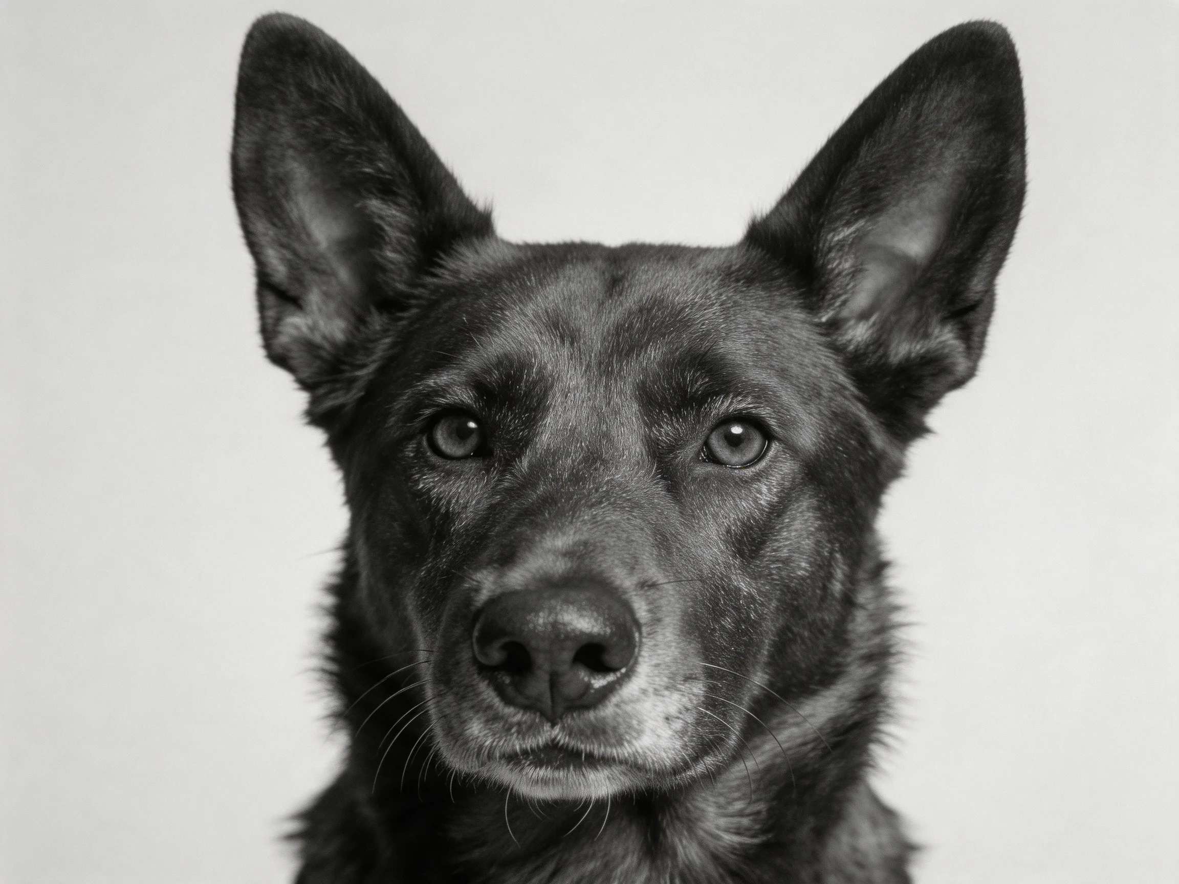 A close - up of a dark - coated dog with upright ears