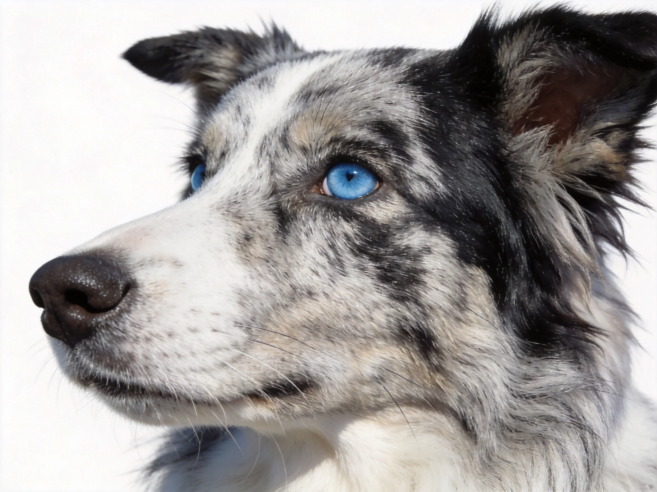 A close - up of a dog with striking blue eyes and black - and - white fur