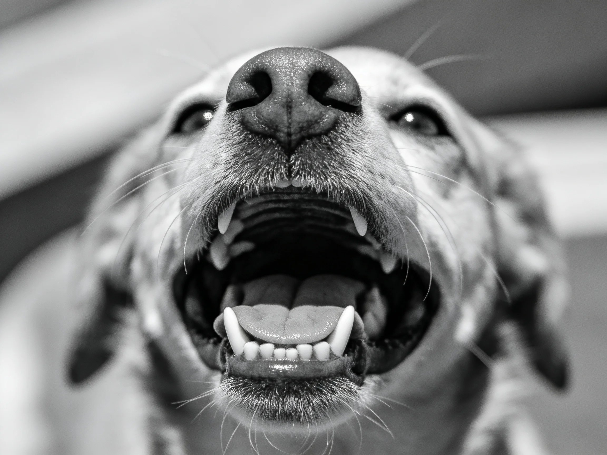 A close - up of a dog’s face with an open mouth in monochrome