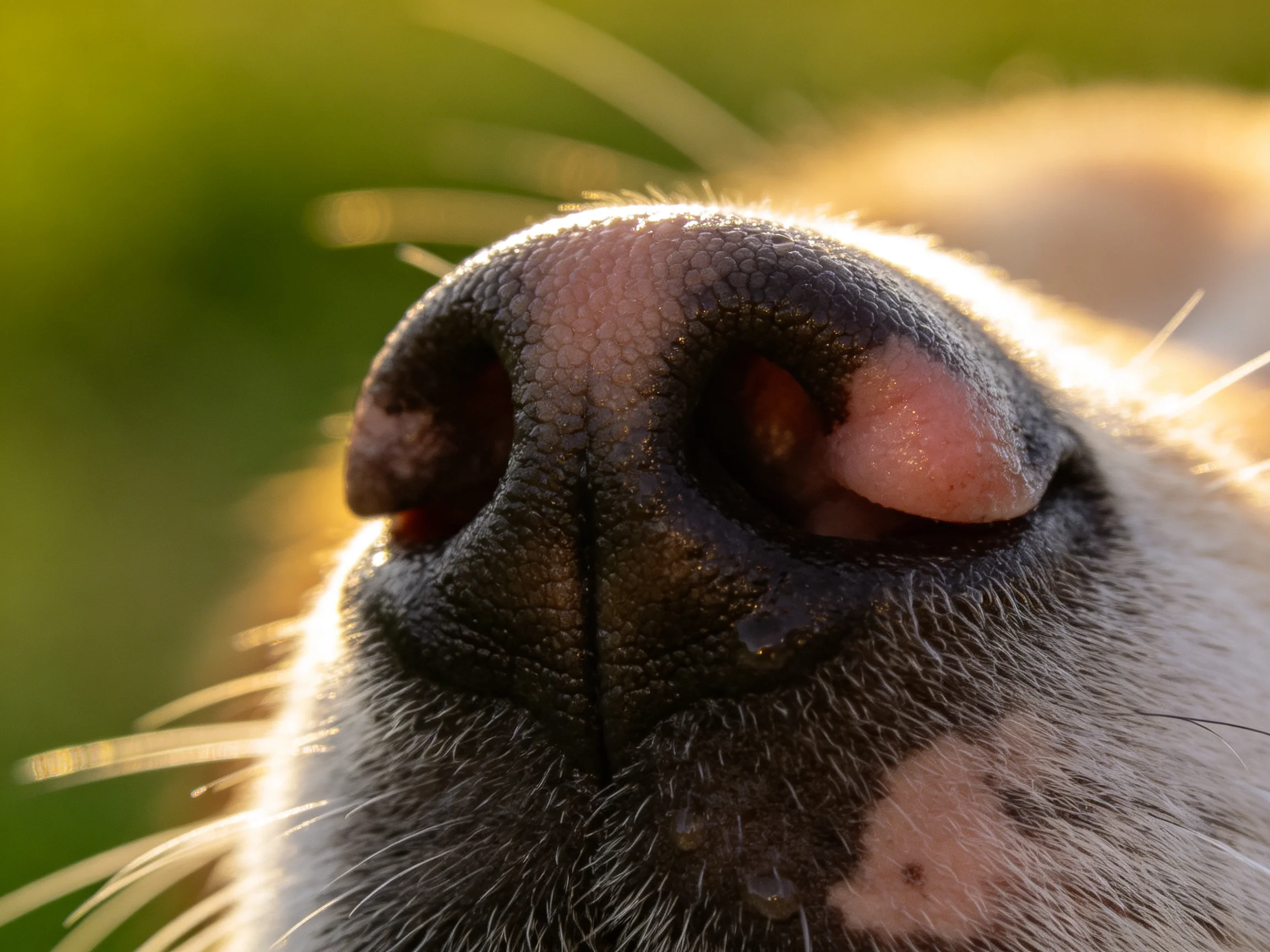 The image shows a close - up of a dog’s black and pink nose with detailed textures.