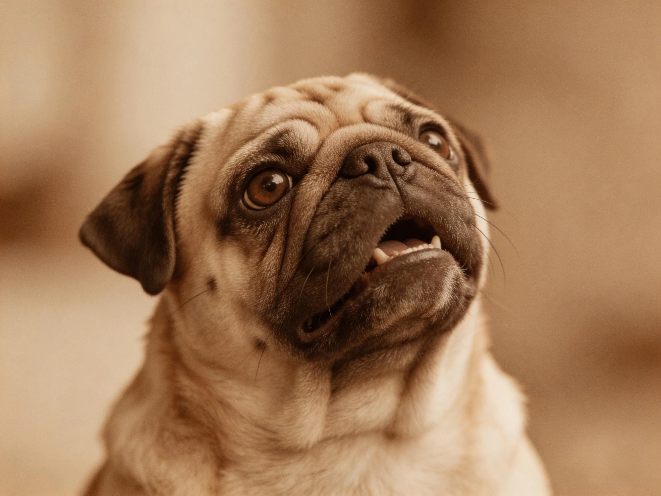 A close - up of a fawn - coated pug with dark facial markings