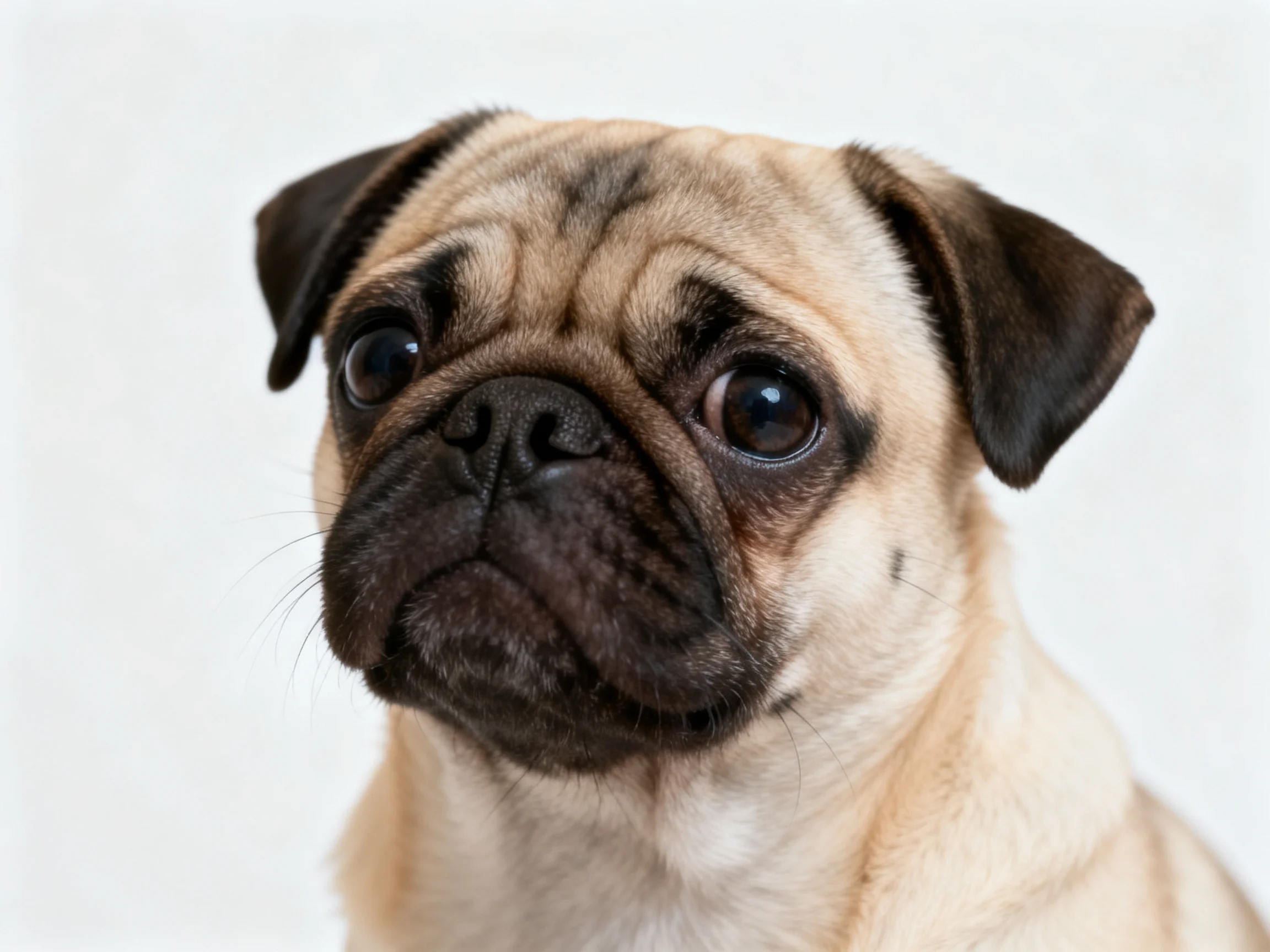 A close - up of a fawn - colored pug puppy with dark facial markings