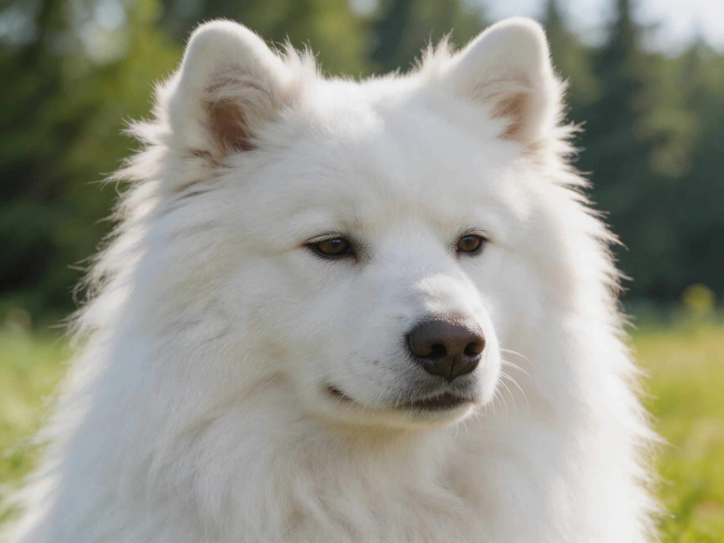 A close - up of a fluffy white Samoyed dog in a sunlit meadow