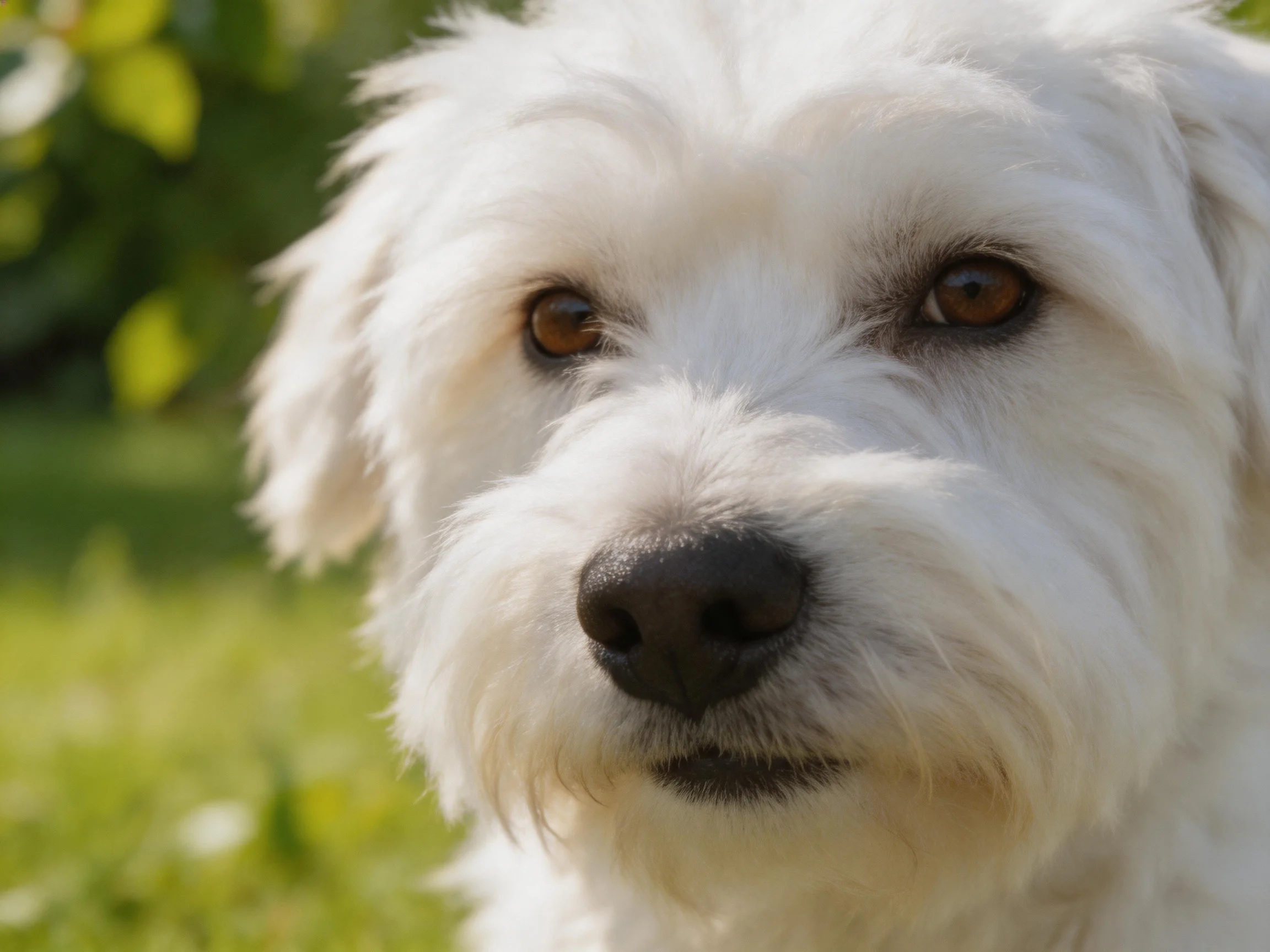 A fluffy white dog with brown eyes is shown up close in a sunny outdoor setting.