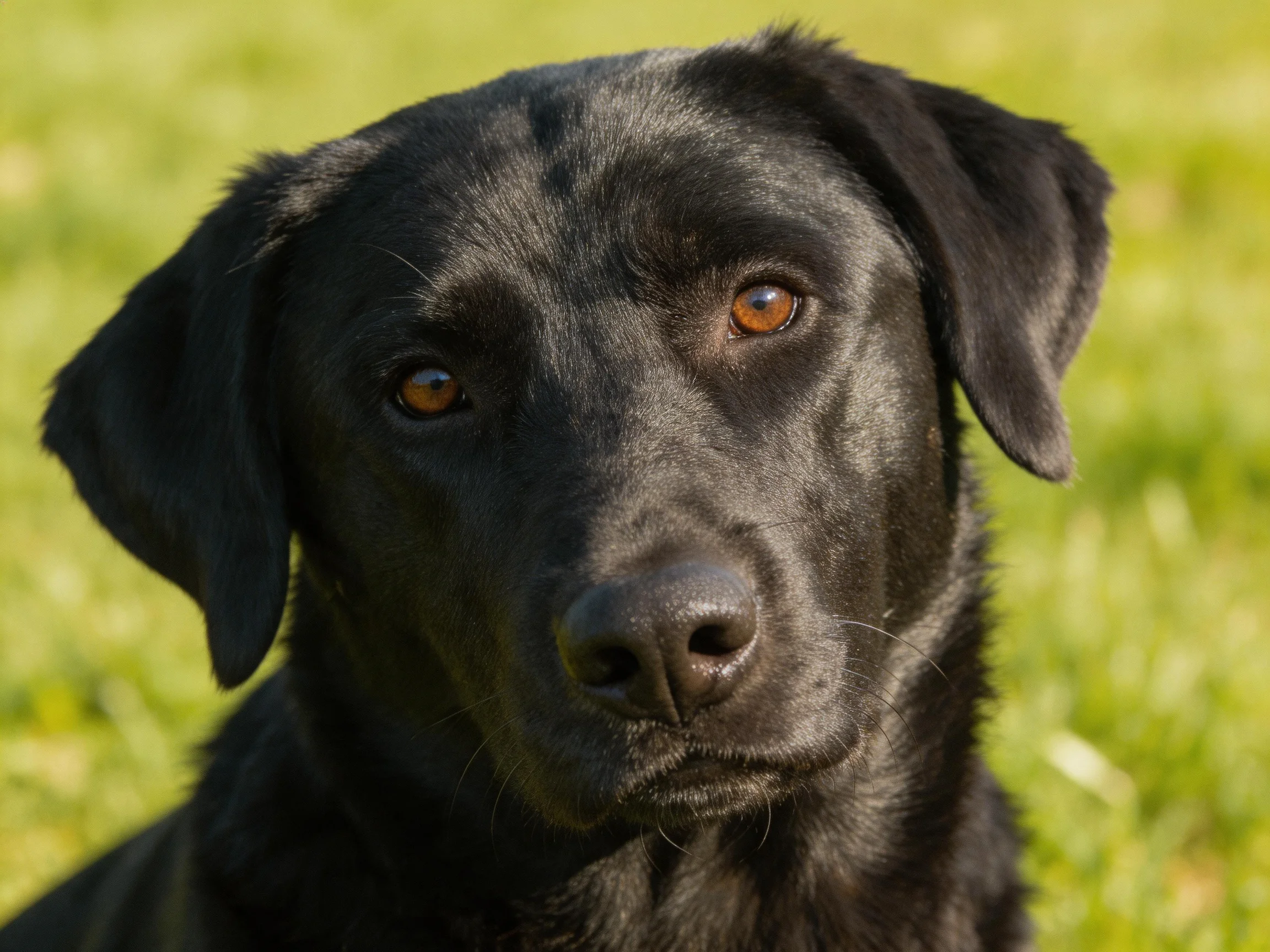 A glossy black Labrador retriever gazes toward the camera among green grass.