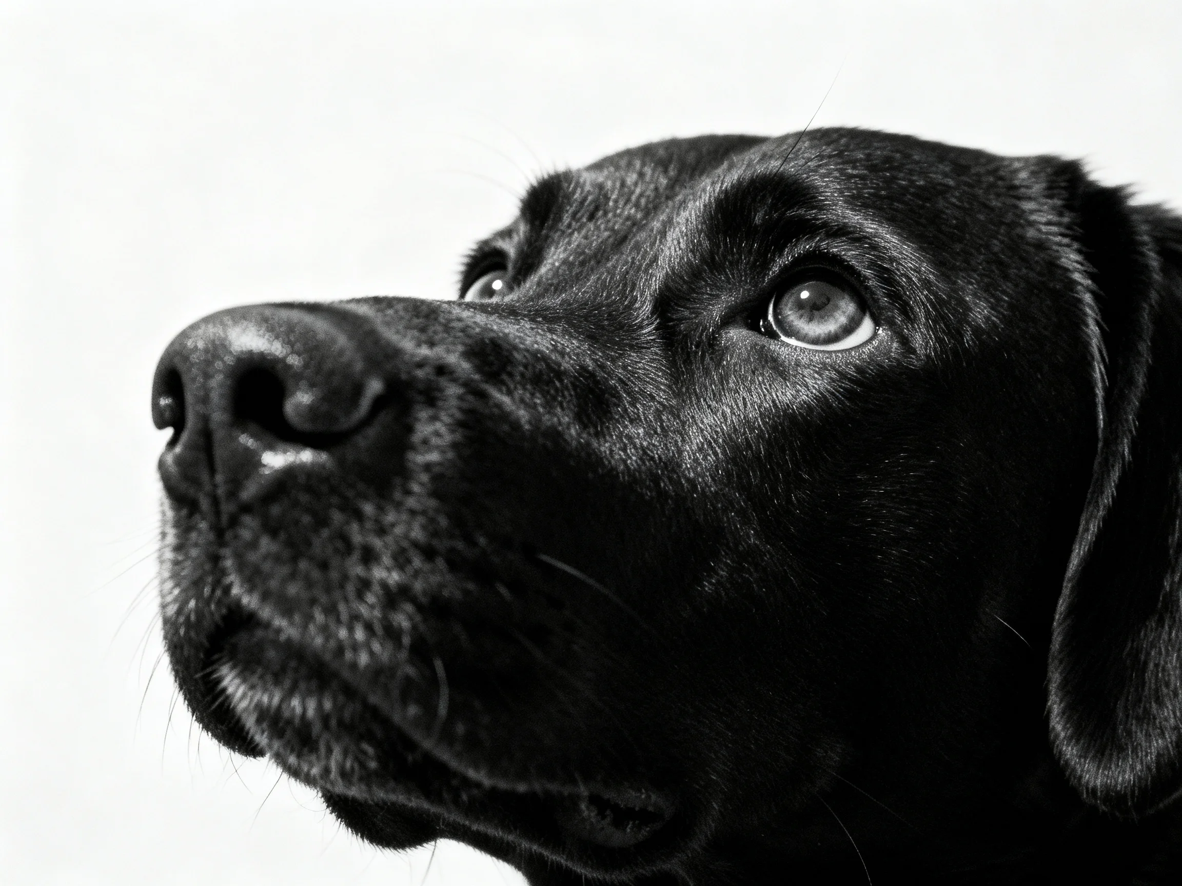 A close - up shows a glossy black dog gazing upward.