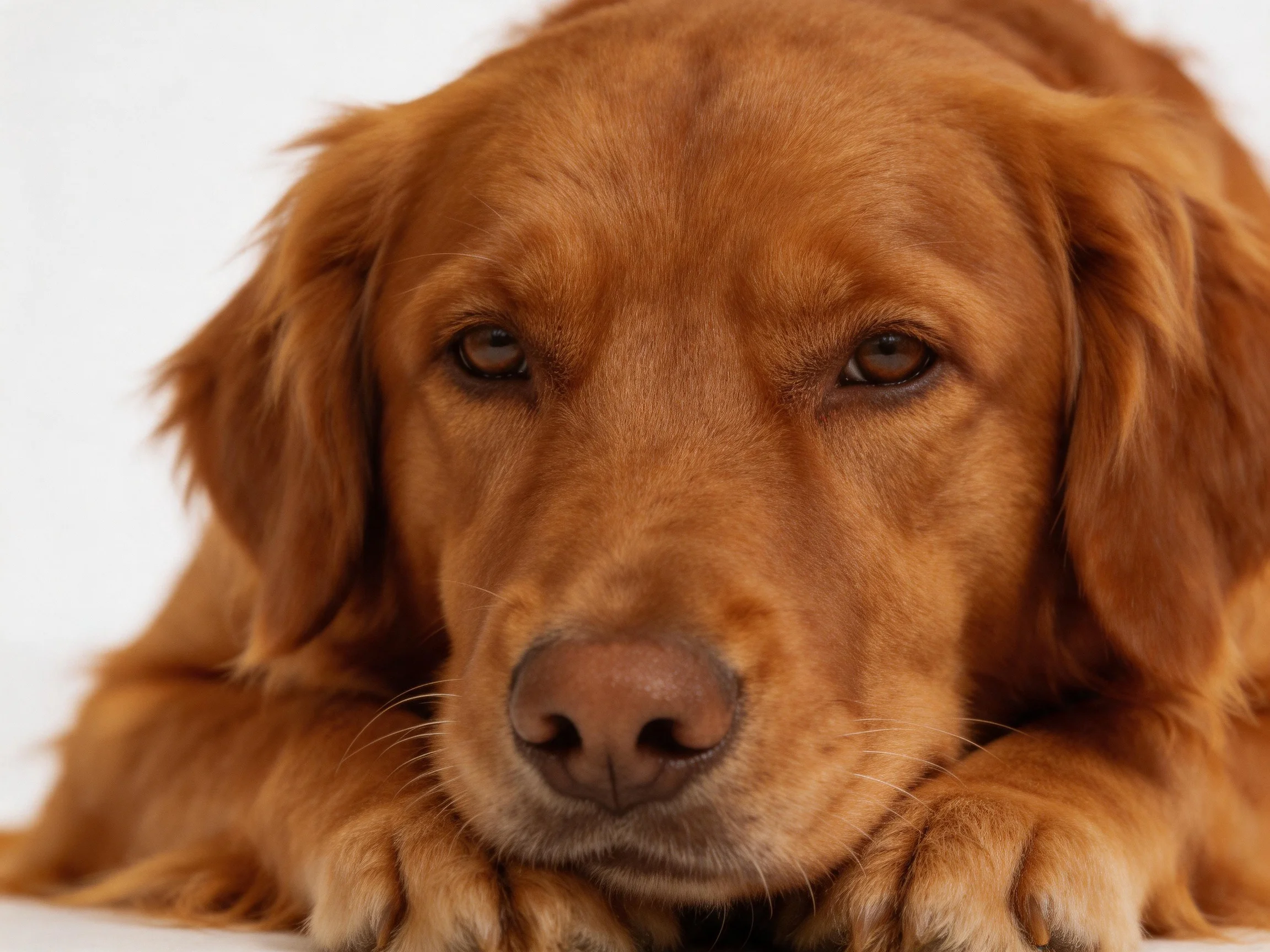 A golden - brown dog rests with its head down, displaying its fur details.