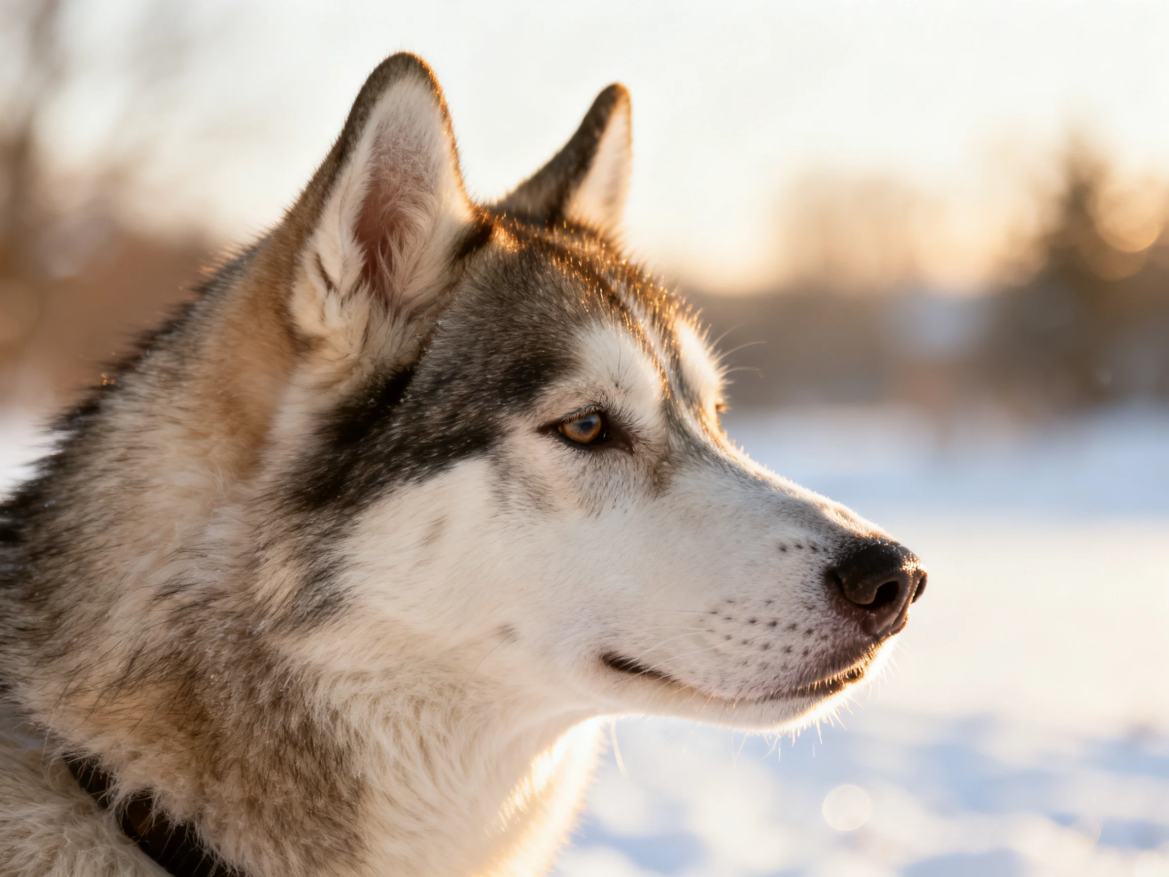 A close - up of a gray and white husky in a snowy winter landscape