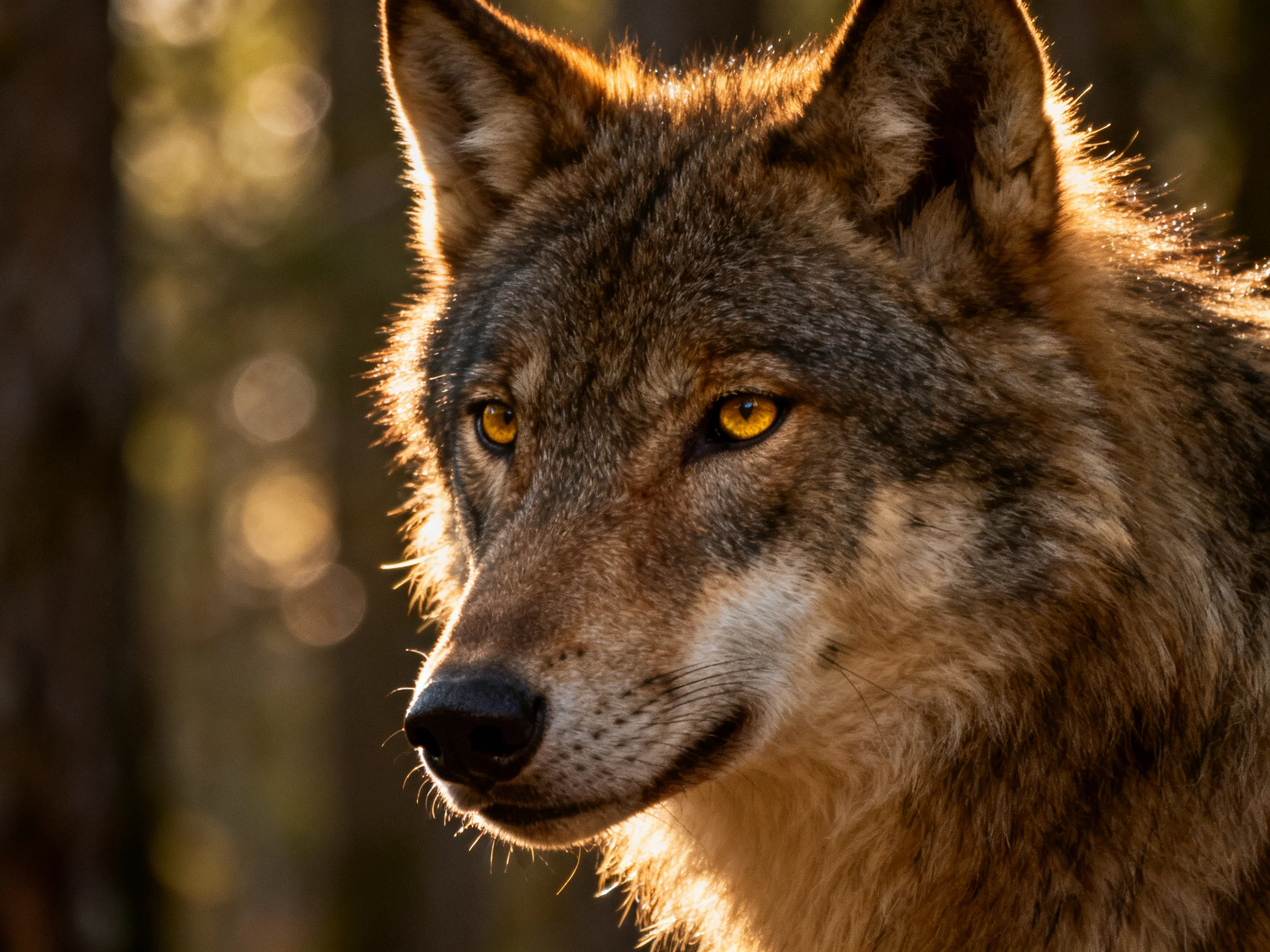 A close - up of a gray wolf with golden eyes in a sunlit forest