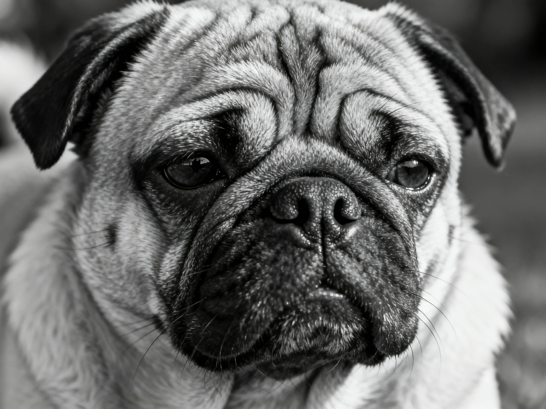 A close - up of a pug dog in black and white with prominent facial wrinkles