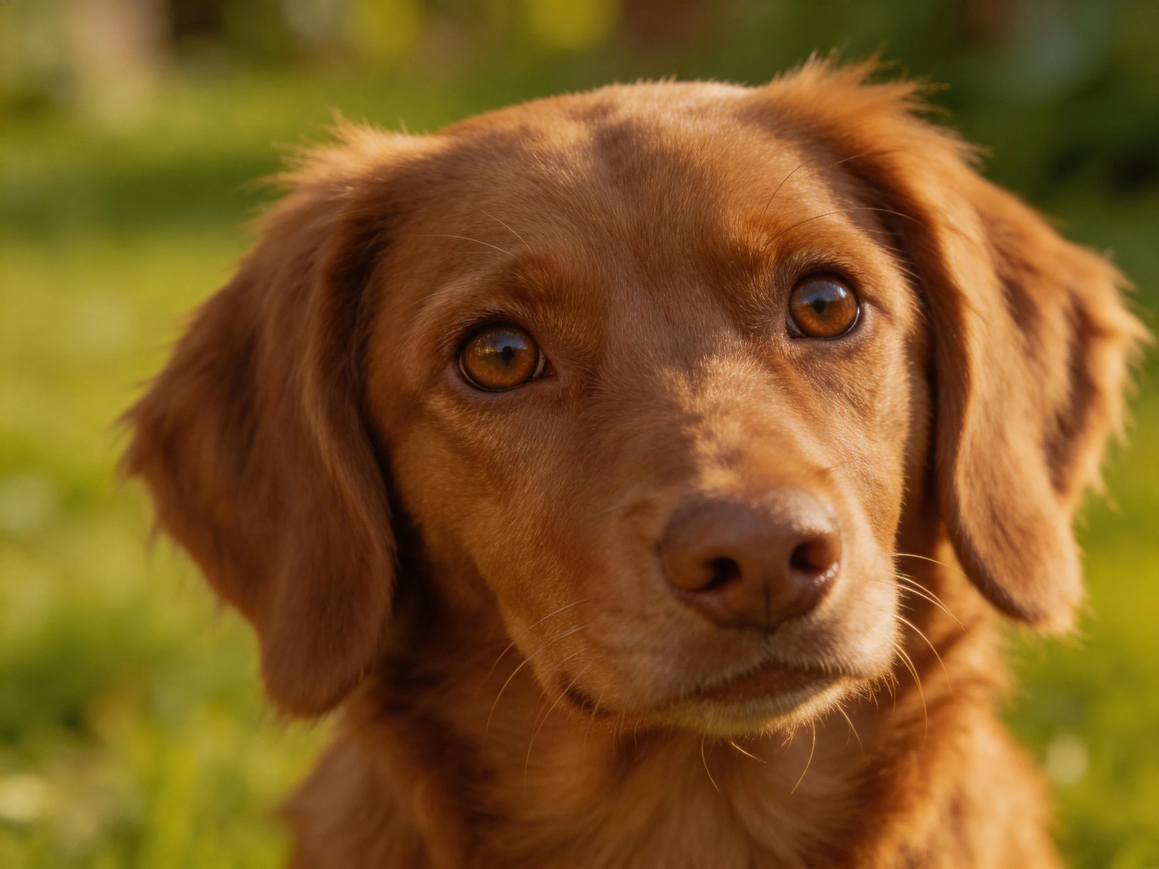 A reddish - brown dog looks attentively in a sunlit green outdoor setting.