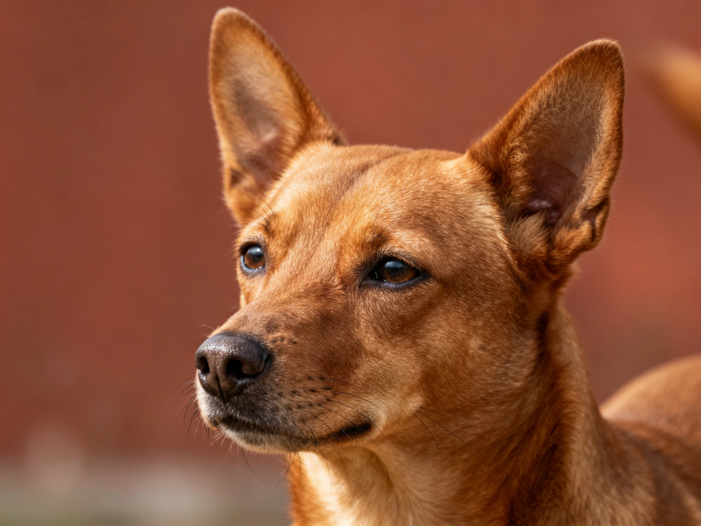 A close - up of a reddish - brown dog with upright ears against a blurred background