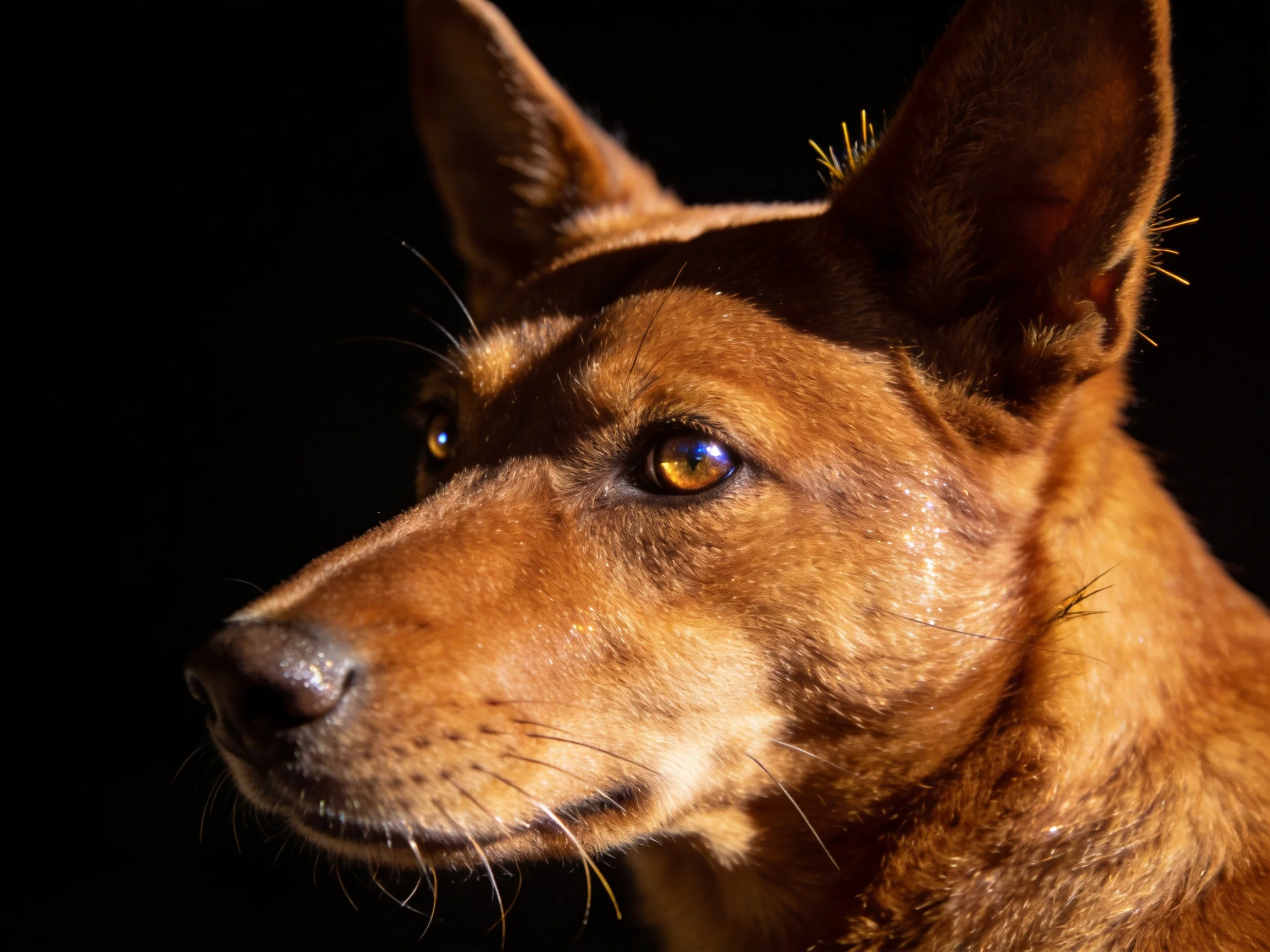 A close - up of a reddish - brown dog with upright ears