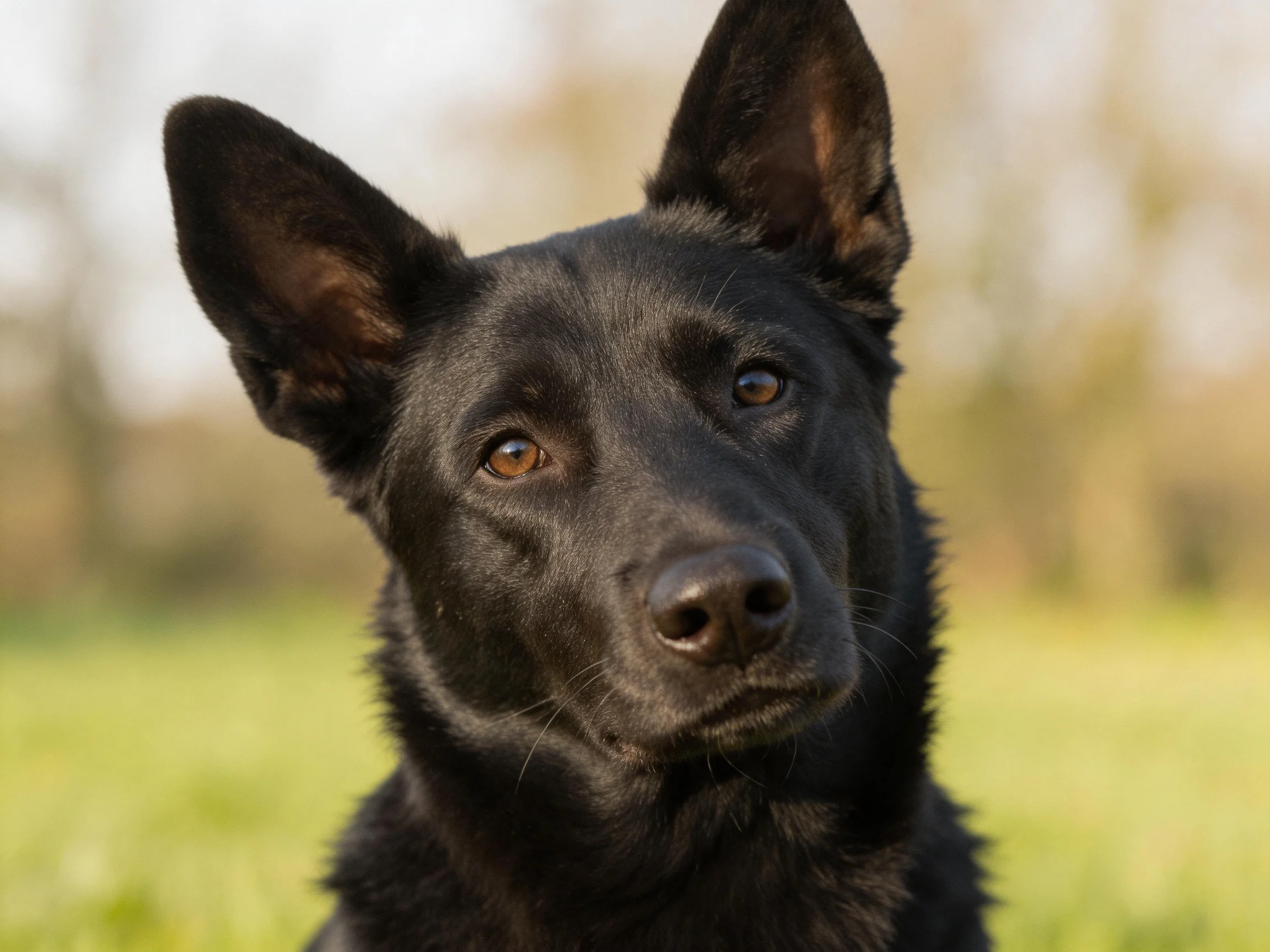 A sleek black dog gazes attentively in a grassy outdoor setting.