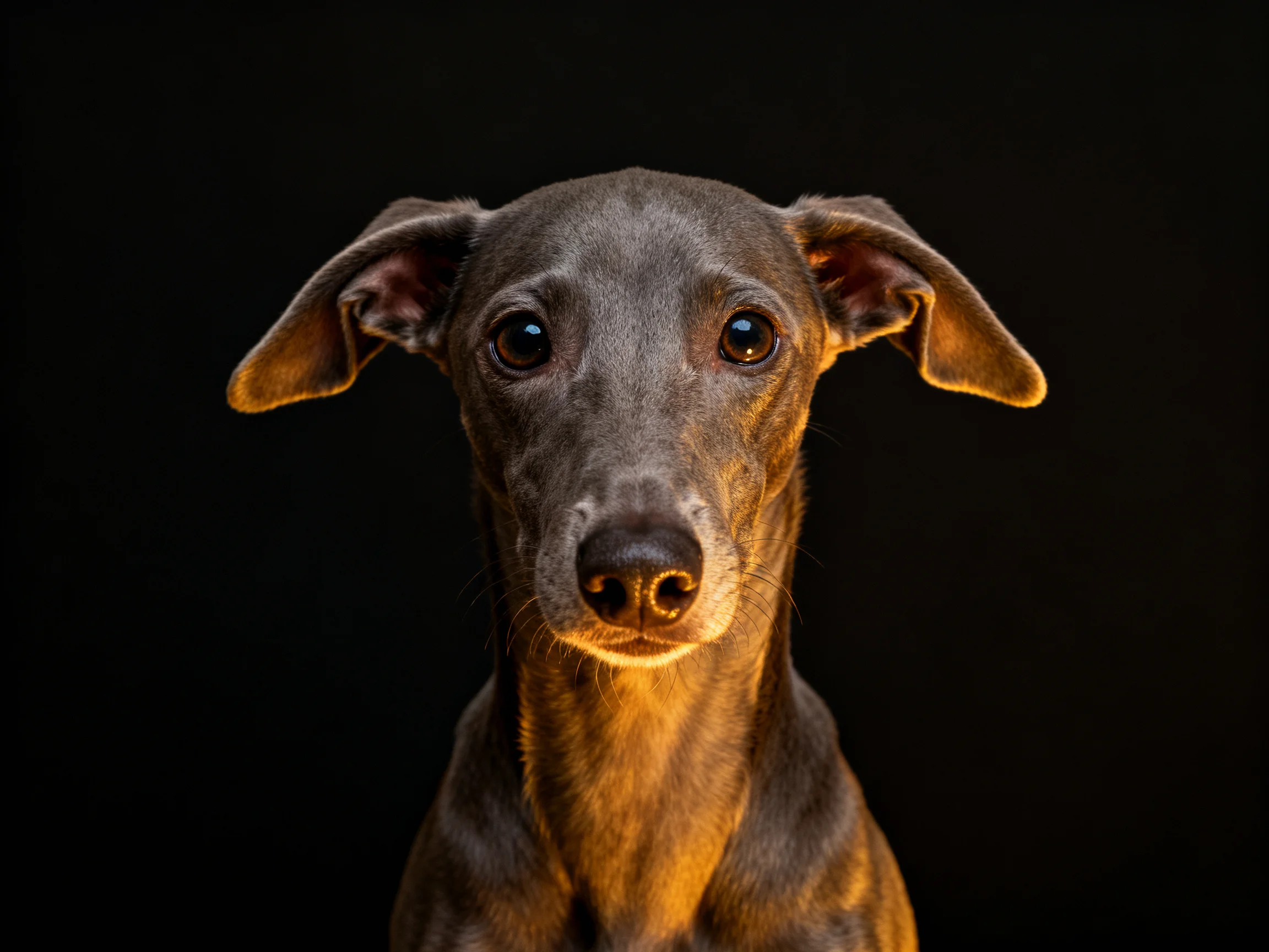 A close - up of a sleek gray dog with upright ears