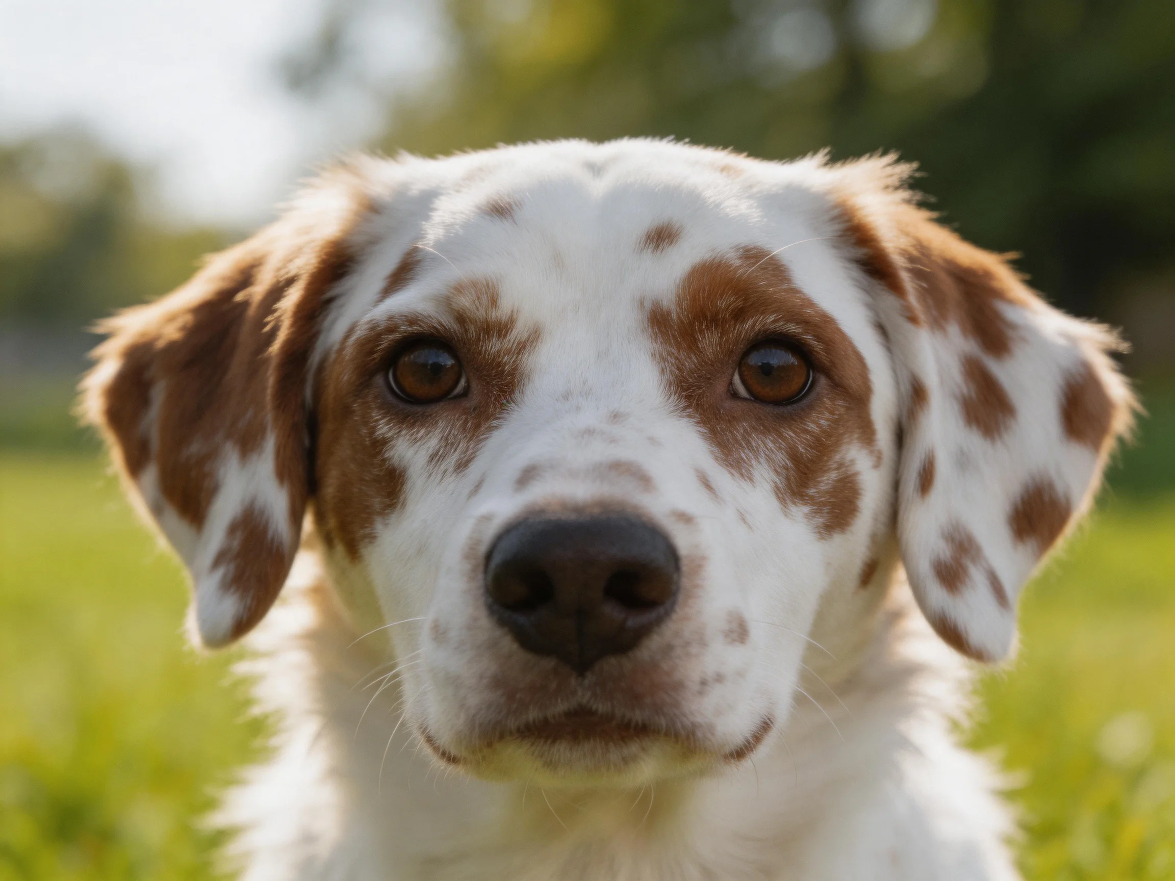 A spotted white and brown dog gazes directly at the camera in a sunlit outdoor setting.