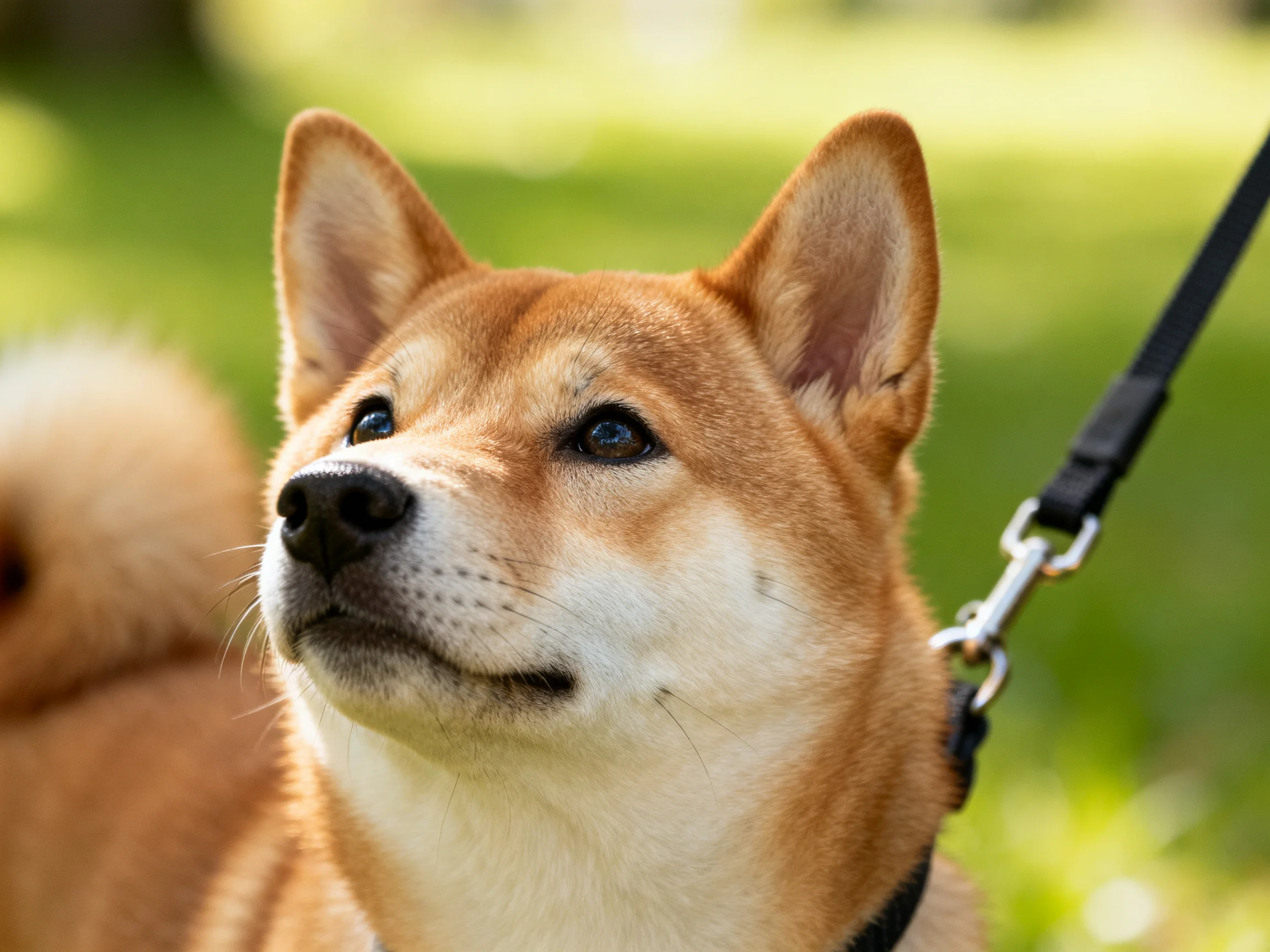 A close - up of a tan Shiba Inu dog on a leash in a green outdoor setting