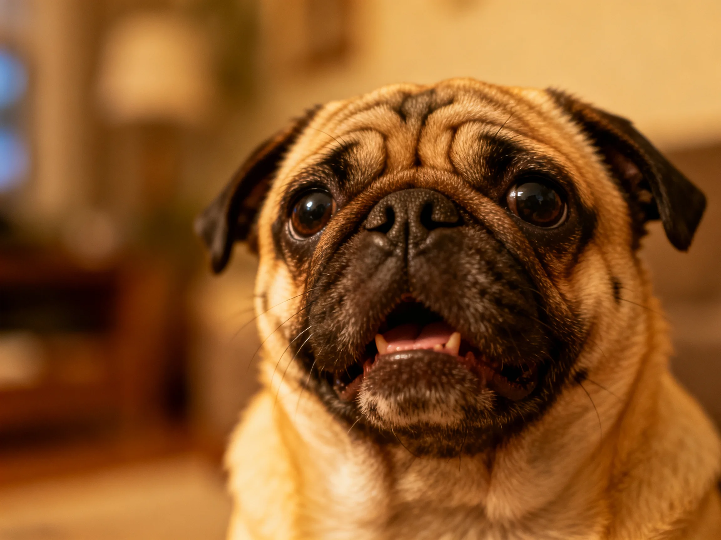 A close - up of a tan and black pug with expressive features