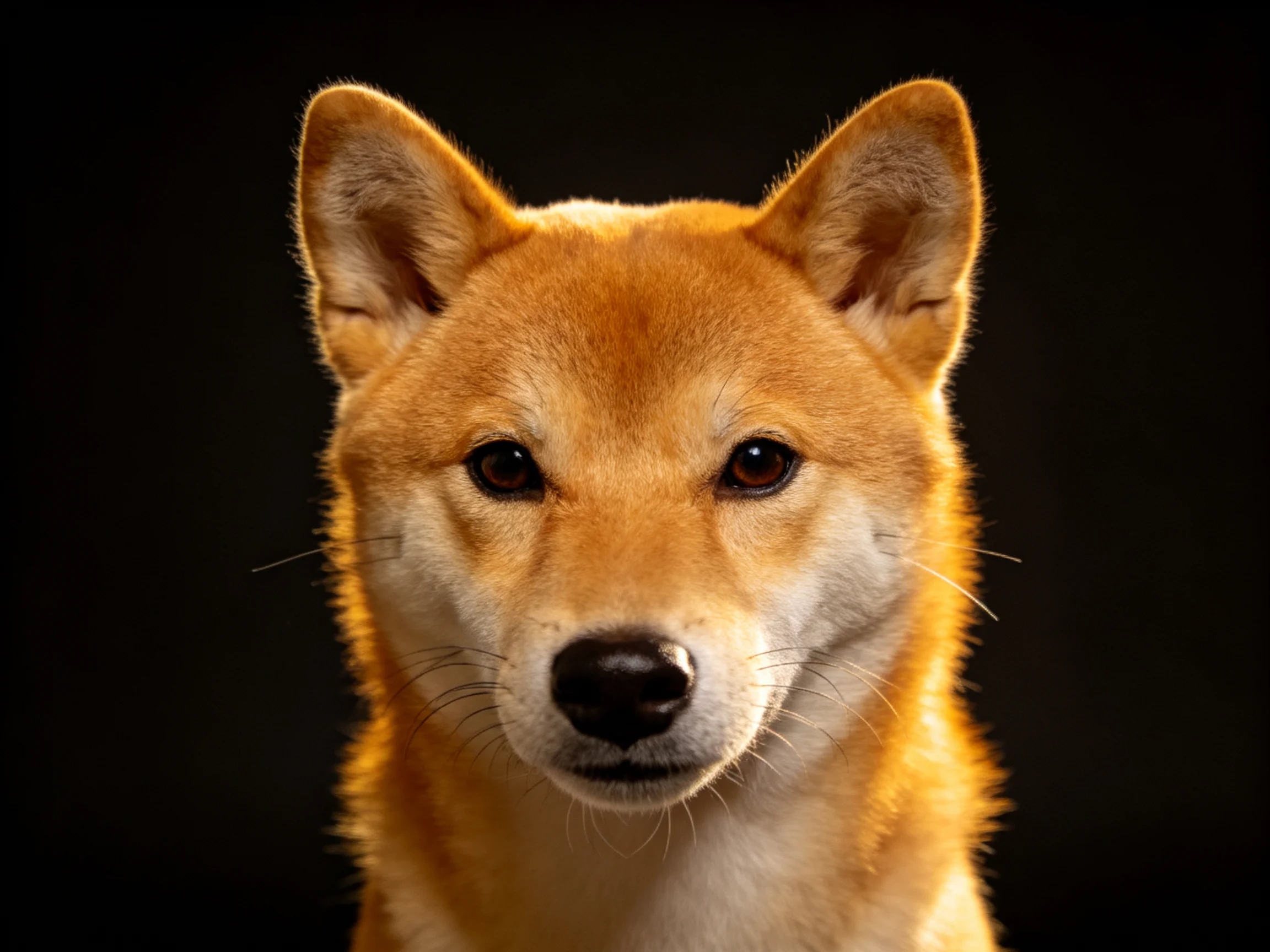 A close - up of a tan and white Shiba Inu dog with upright ears