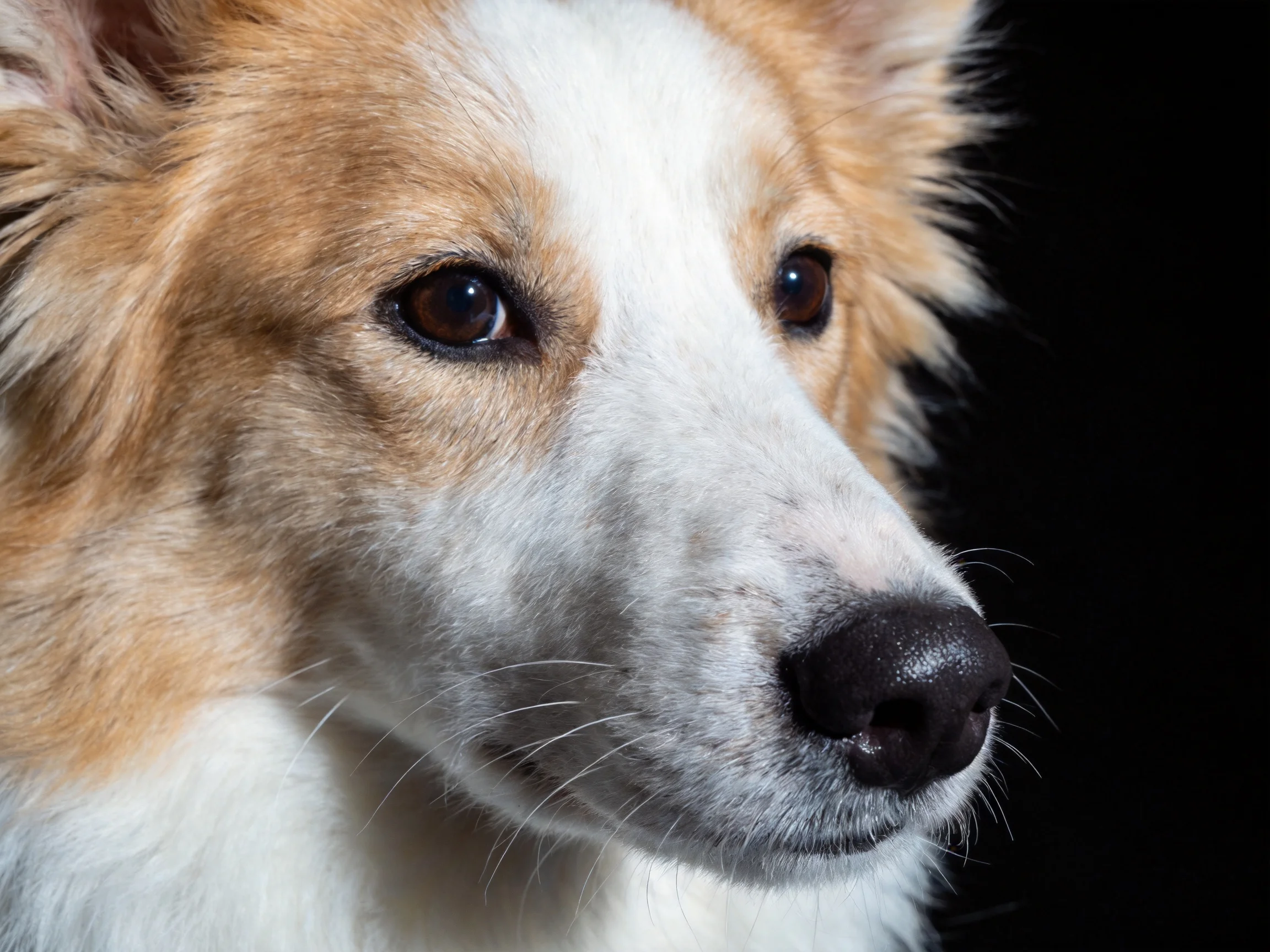 A close - up of a tan and white collie with expressive brown eyes against a dark background.