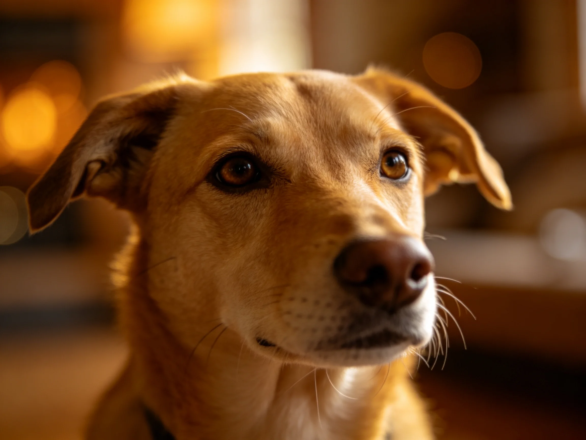 A close - up of a tan dog with warm bokeh lighting in the background