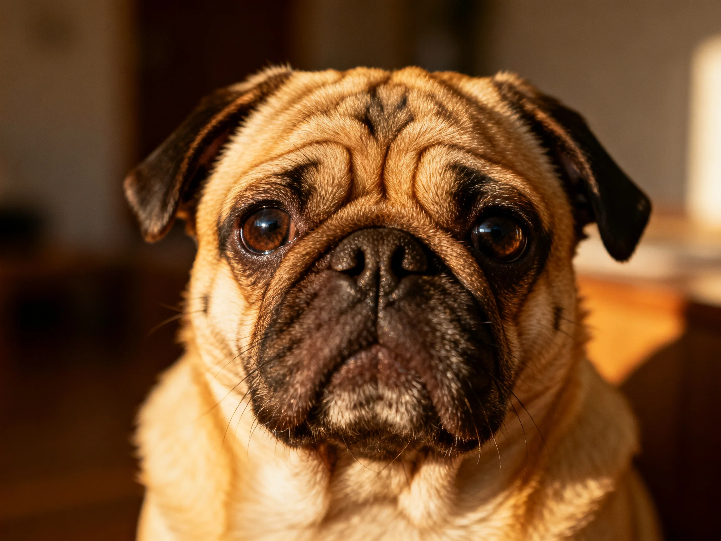 A close - up of a tan pug with wrinkled facial features
