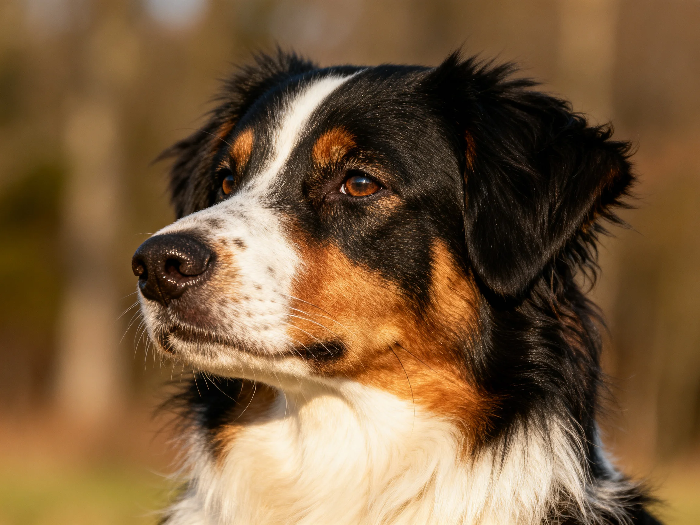 A close - up of a tricolor Australian Shepherd with black, white, and tan fur