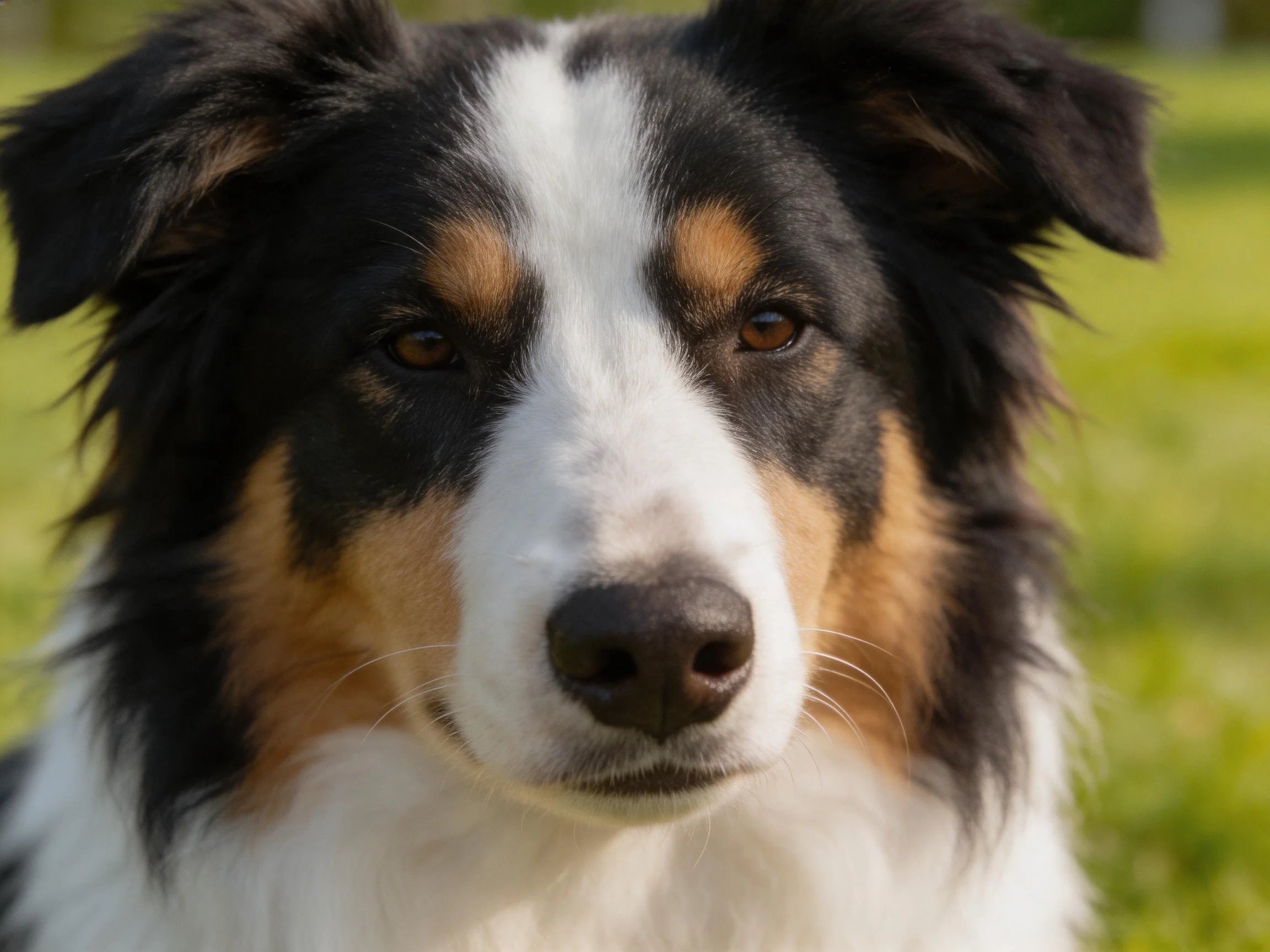 A tricolor Australian Shepherd is photographed up in an outdoor setting.