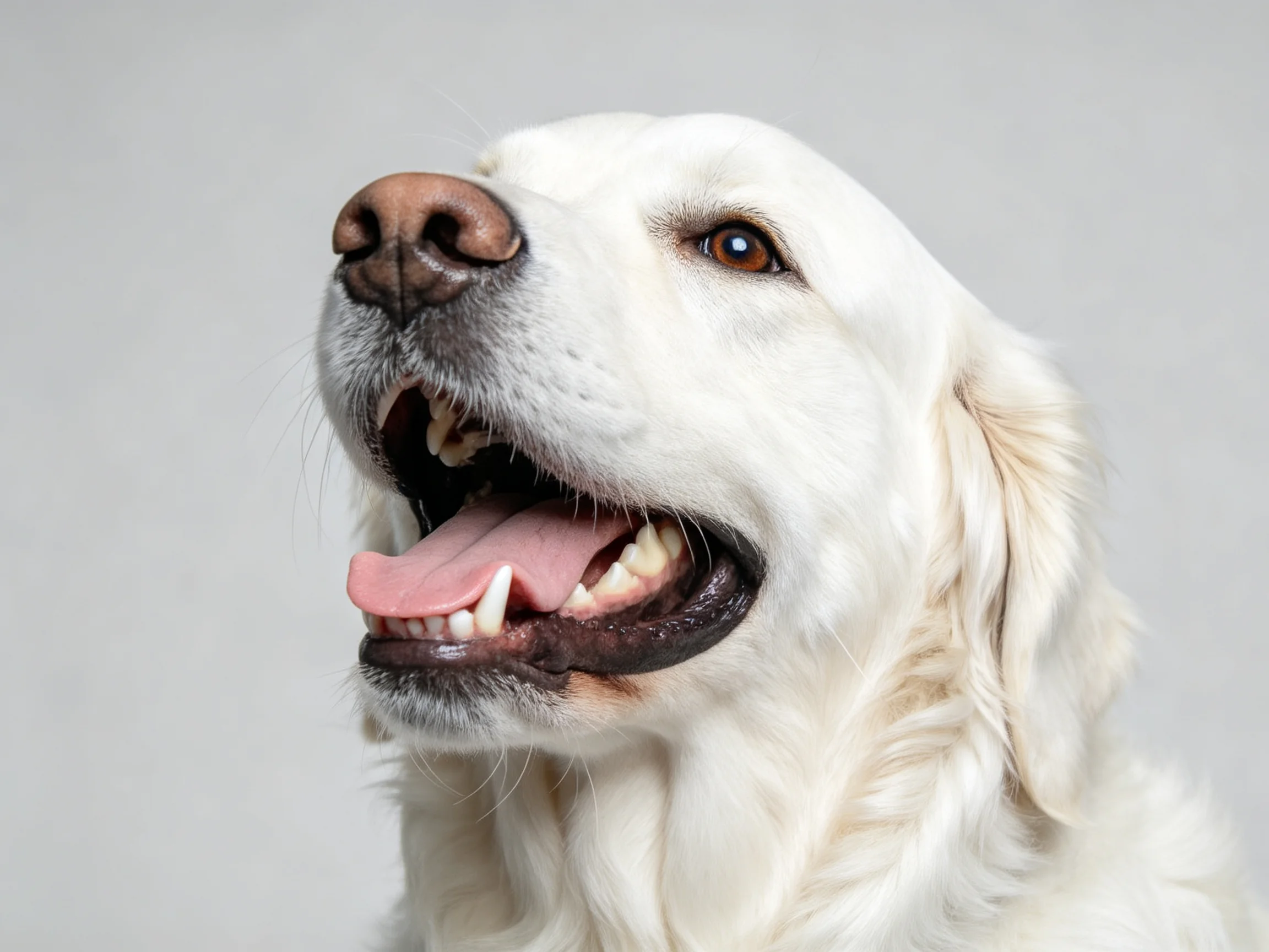 A white Golden Retriever exhibits a joyful expression with mouth open.
