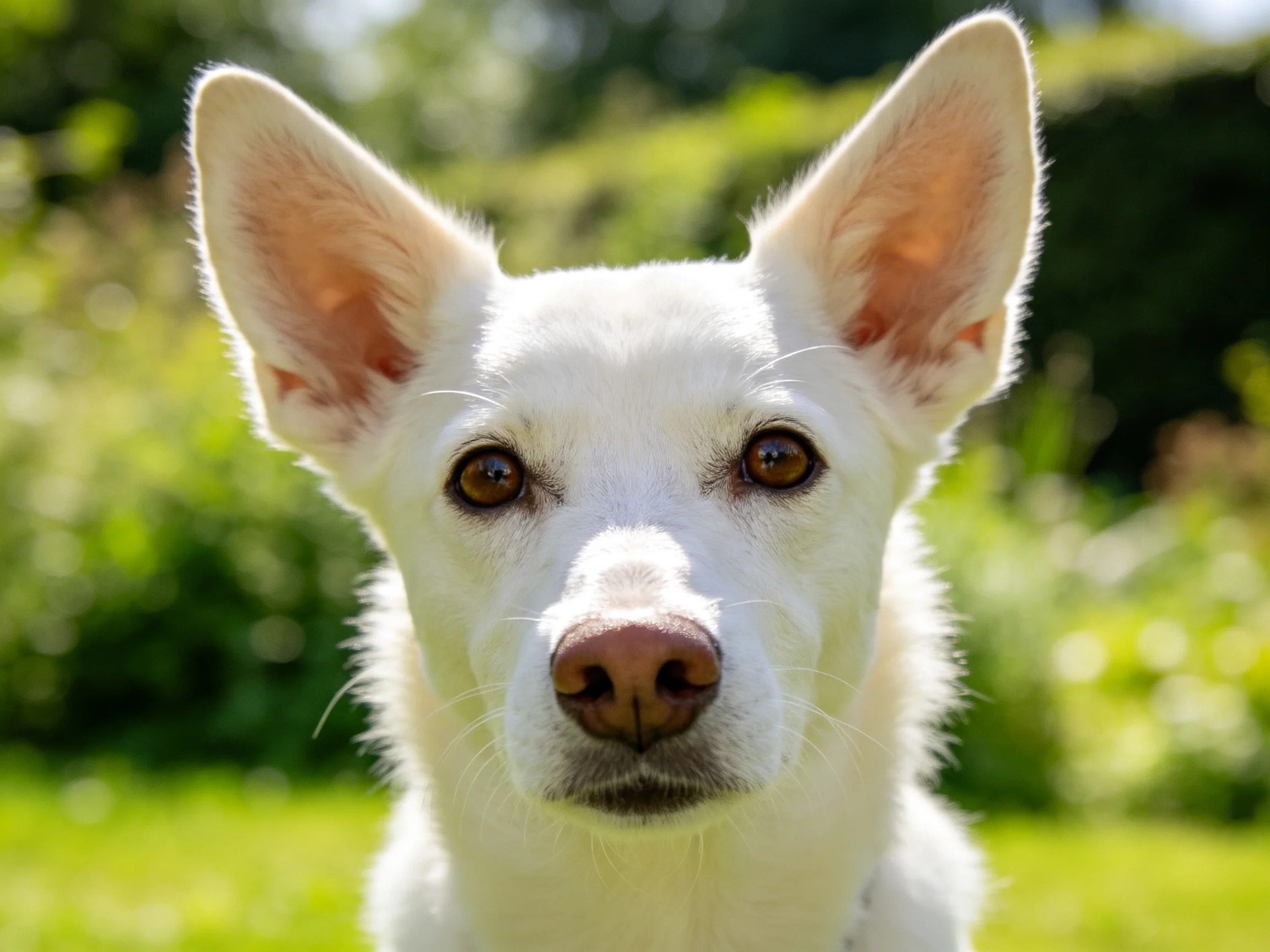 A close - up of a white dog with perky ears in a sunny garden