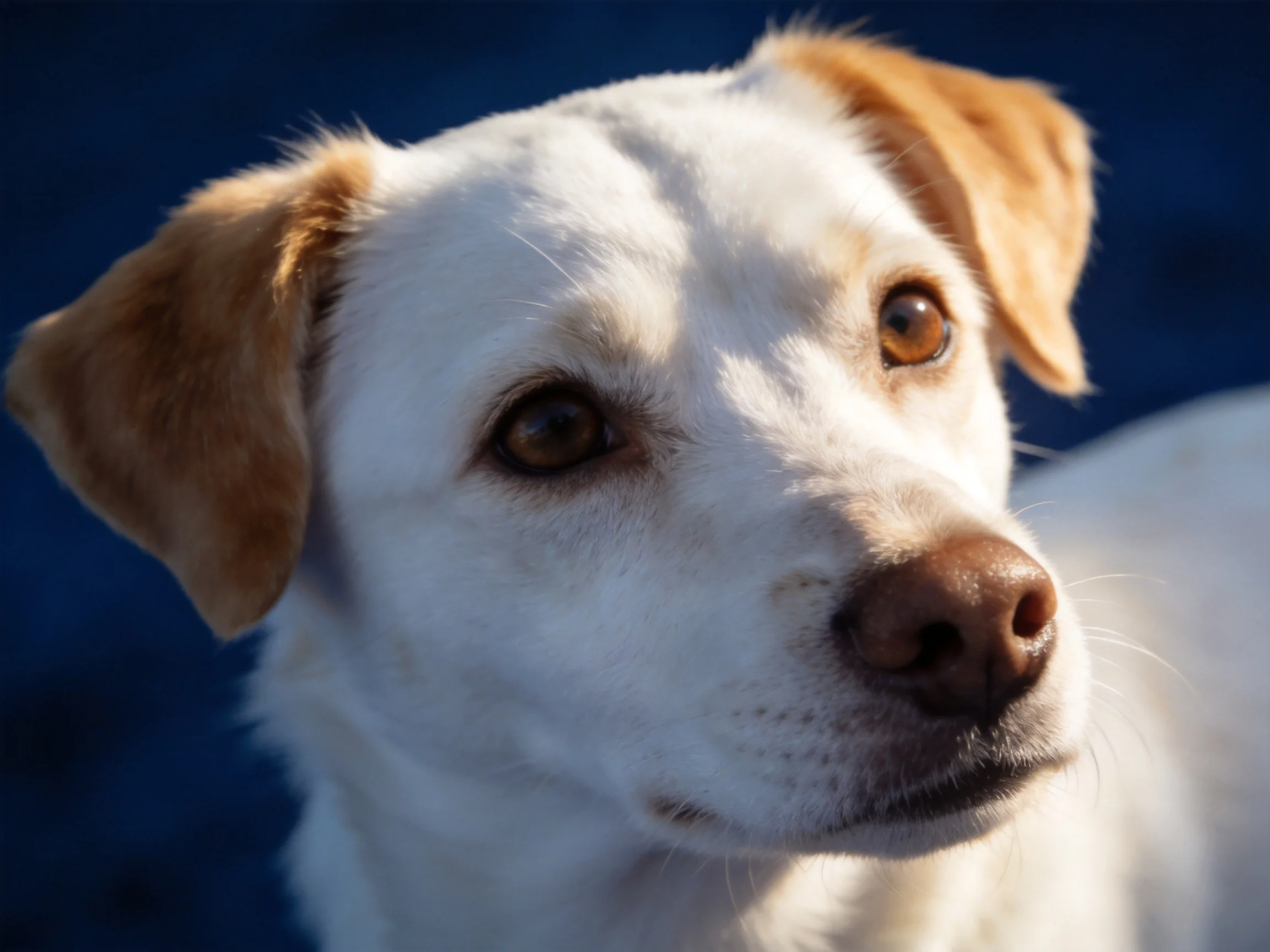 A close - up of a white dog with tan ears against a deep blue backdrop