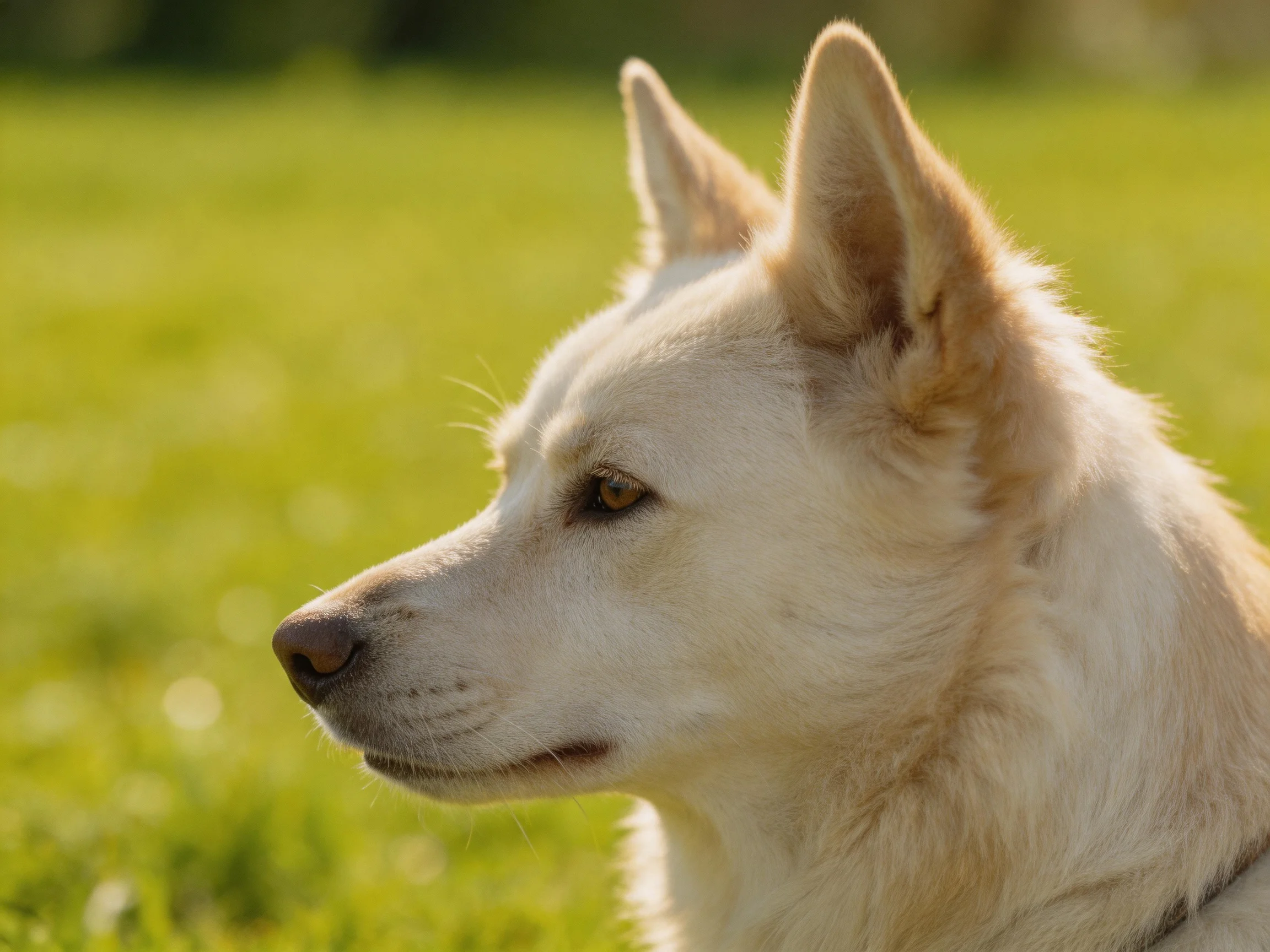 A close - up of a white dog with tan ears in a sunny field