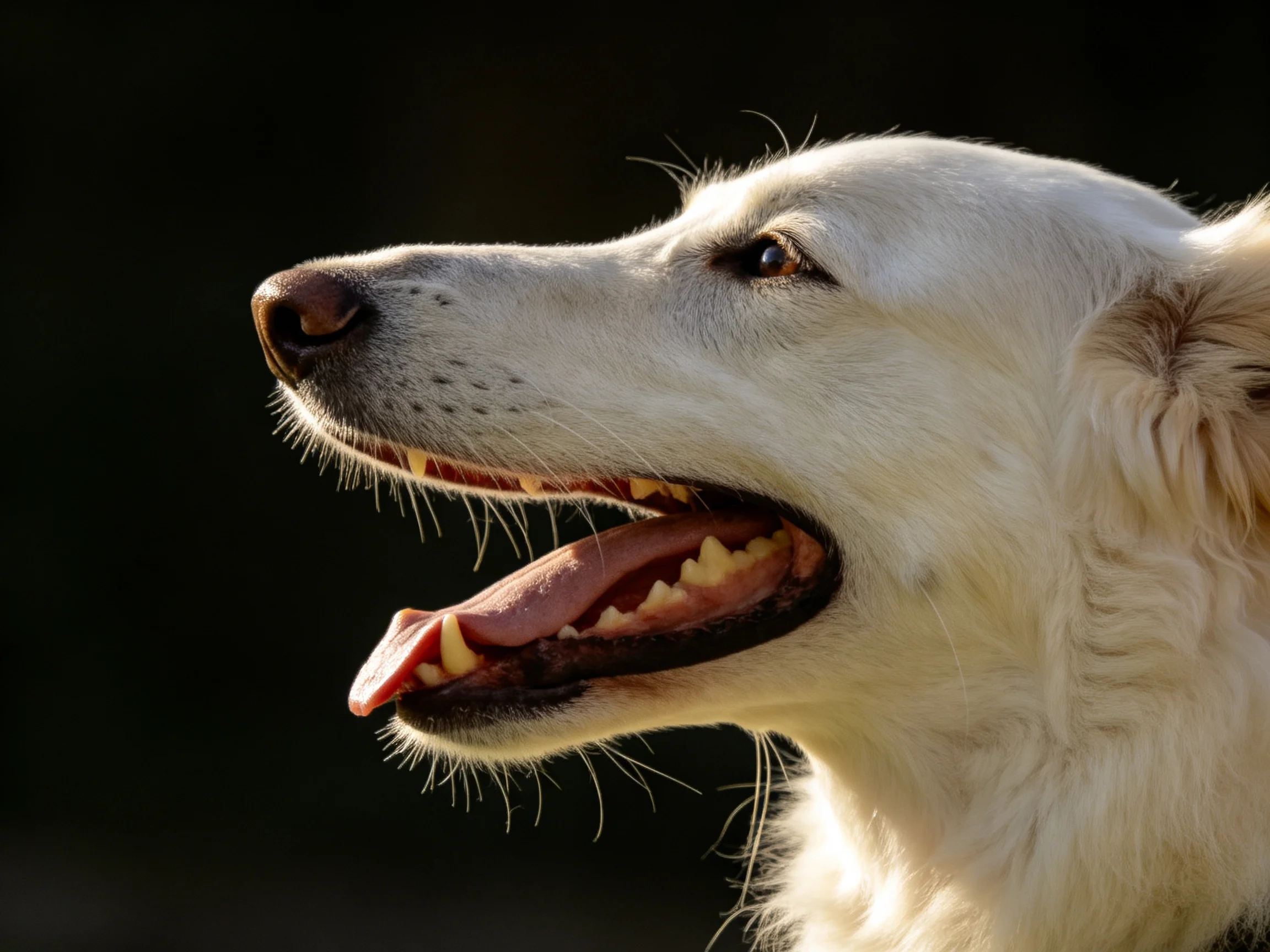 A close - up of a white dog’s profile with an open mouth against a dark background
