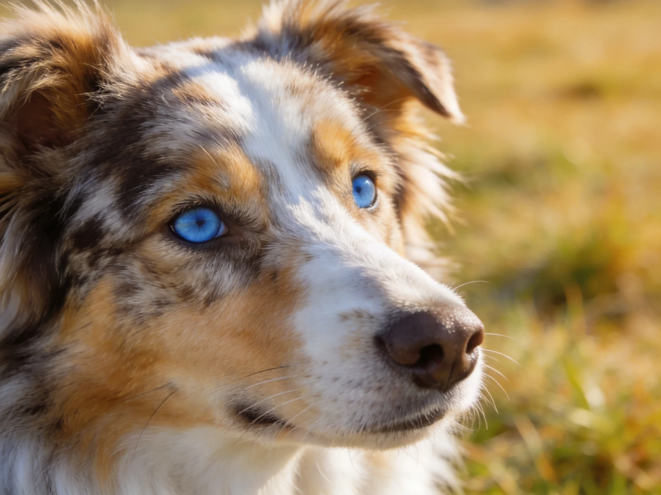 A dog with blue eyes and varied fur patterns observes its surroundings outdoors.