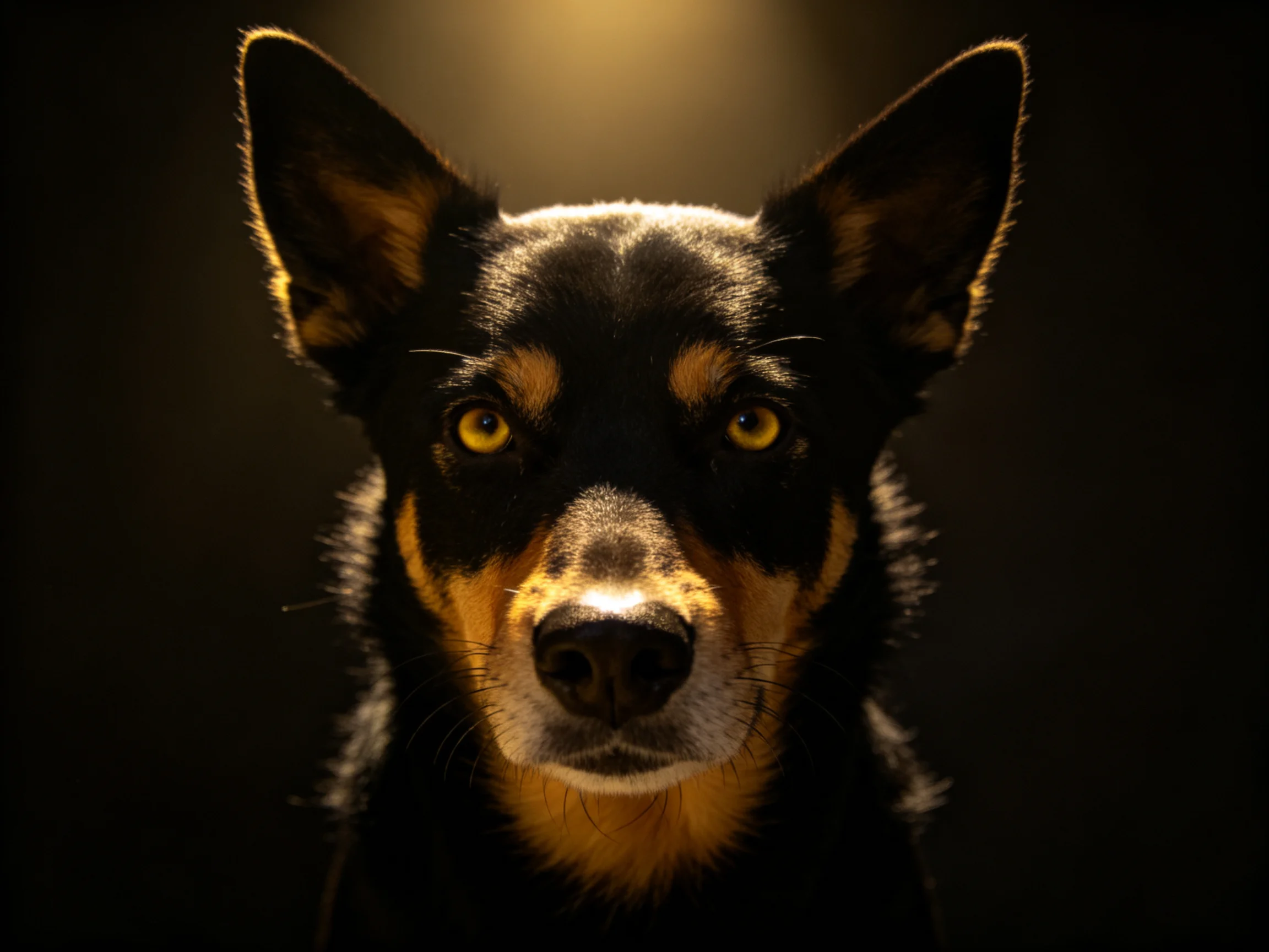 A close - up of a black and tan dog with dramatic lighting emphasizes its facial features.