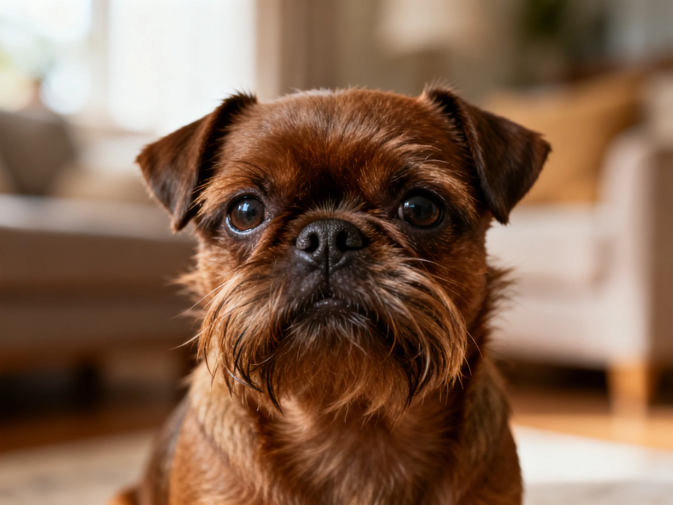 A brown Brussels Griffon dog is captured in a close - up within a home interior.
