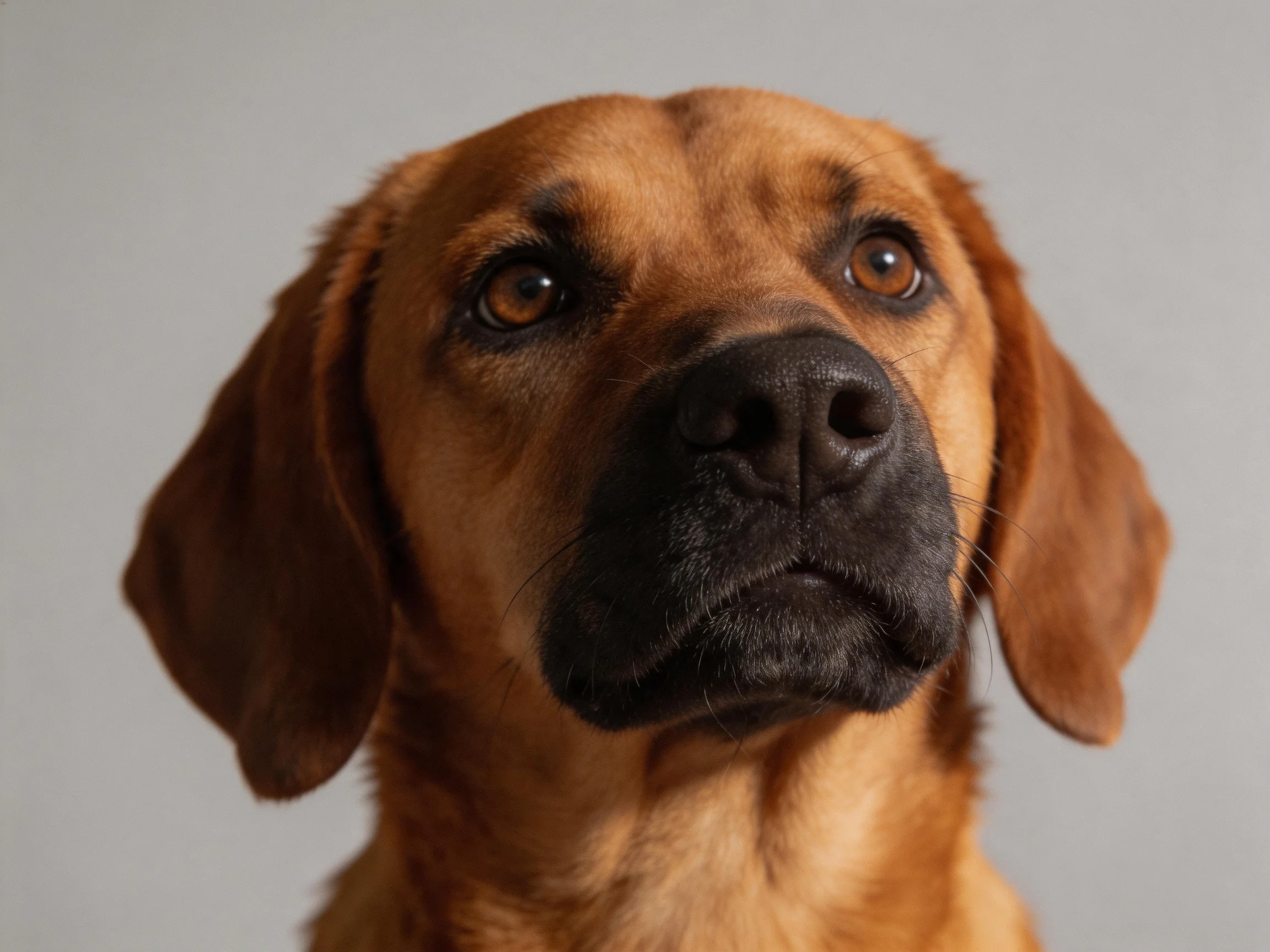 A close - up portrait of a brown dog with dark ears and nose