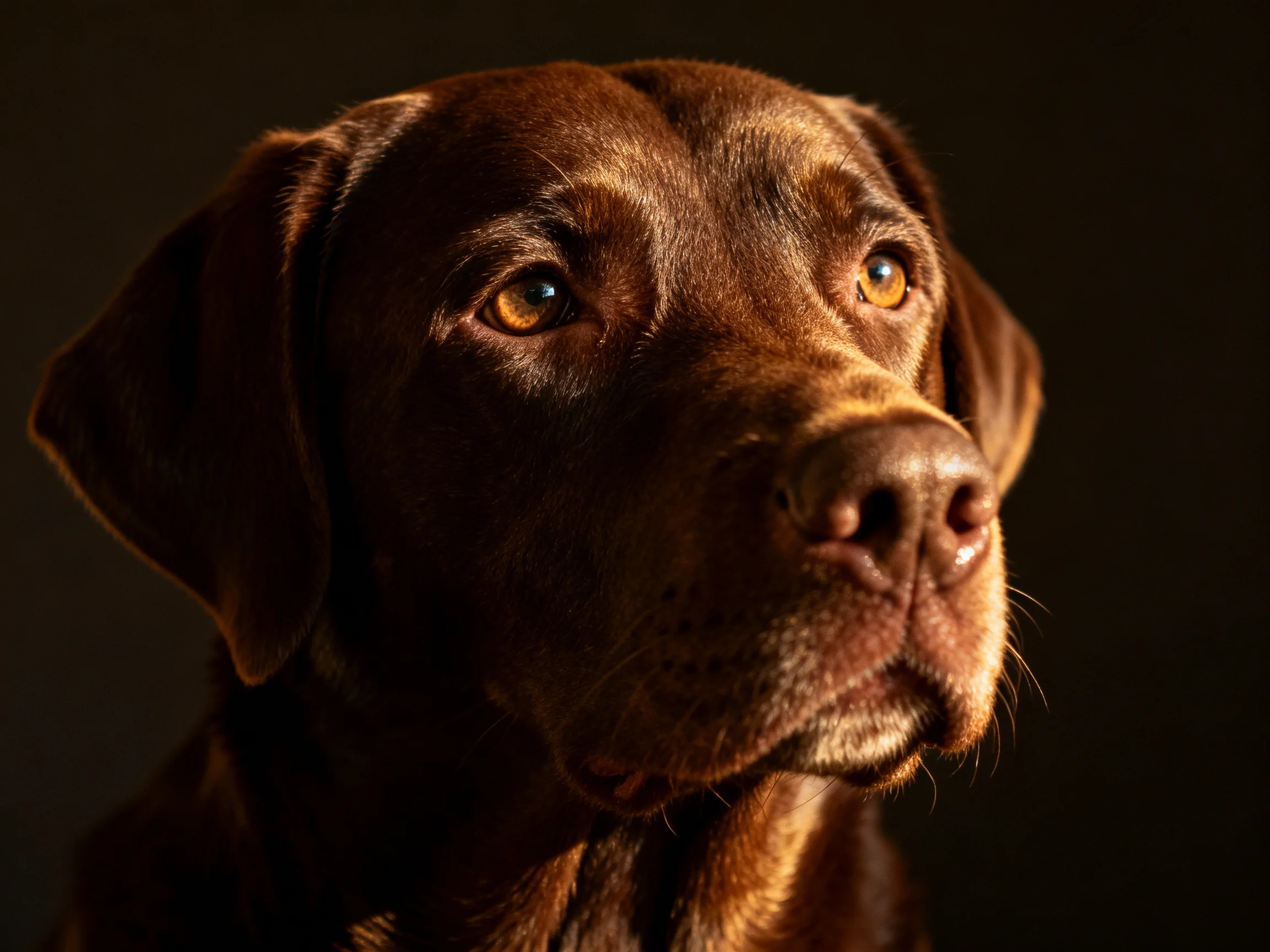 A close - up portrait of a chocolate Labrador retriever with warm lighting