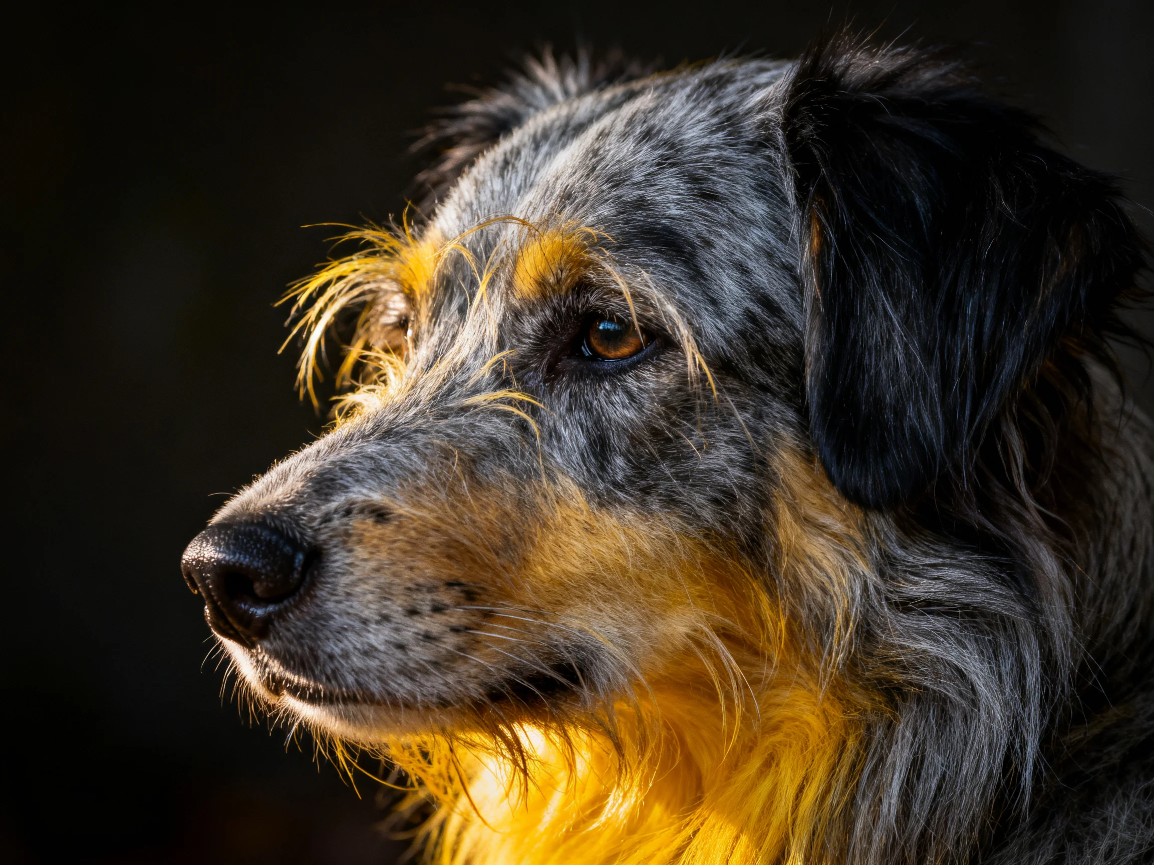 A close - up of a dog with mixed gray, black, and golden fur against a dark background.