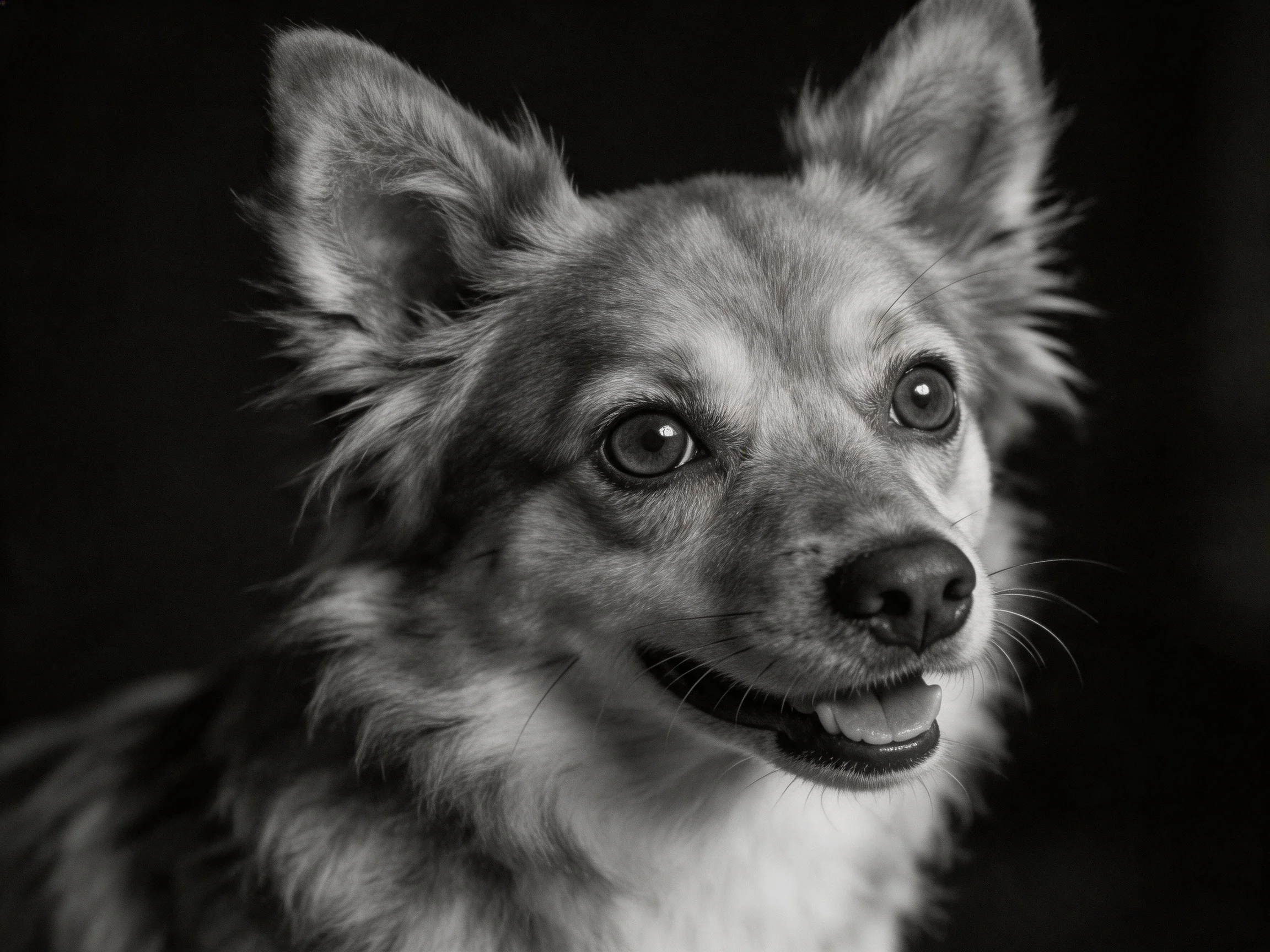 A close - up of a fluffy dog with upright ears against a dark backdrop.