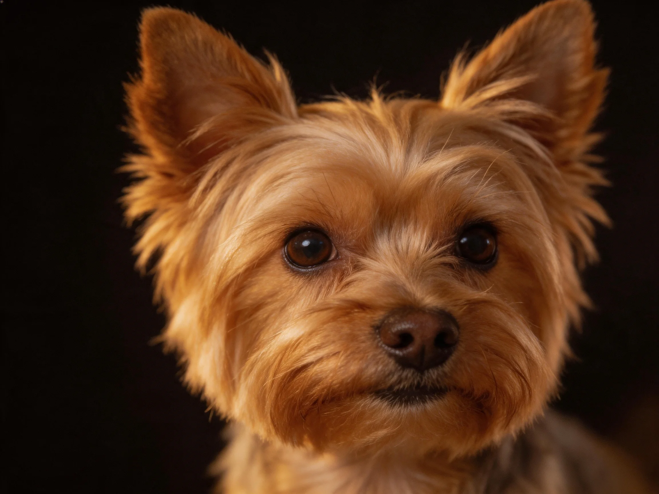 A small tan Yorkshire Terrier is photographed up close with a dark background.