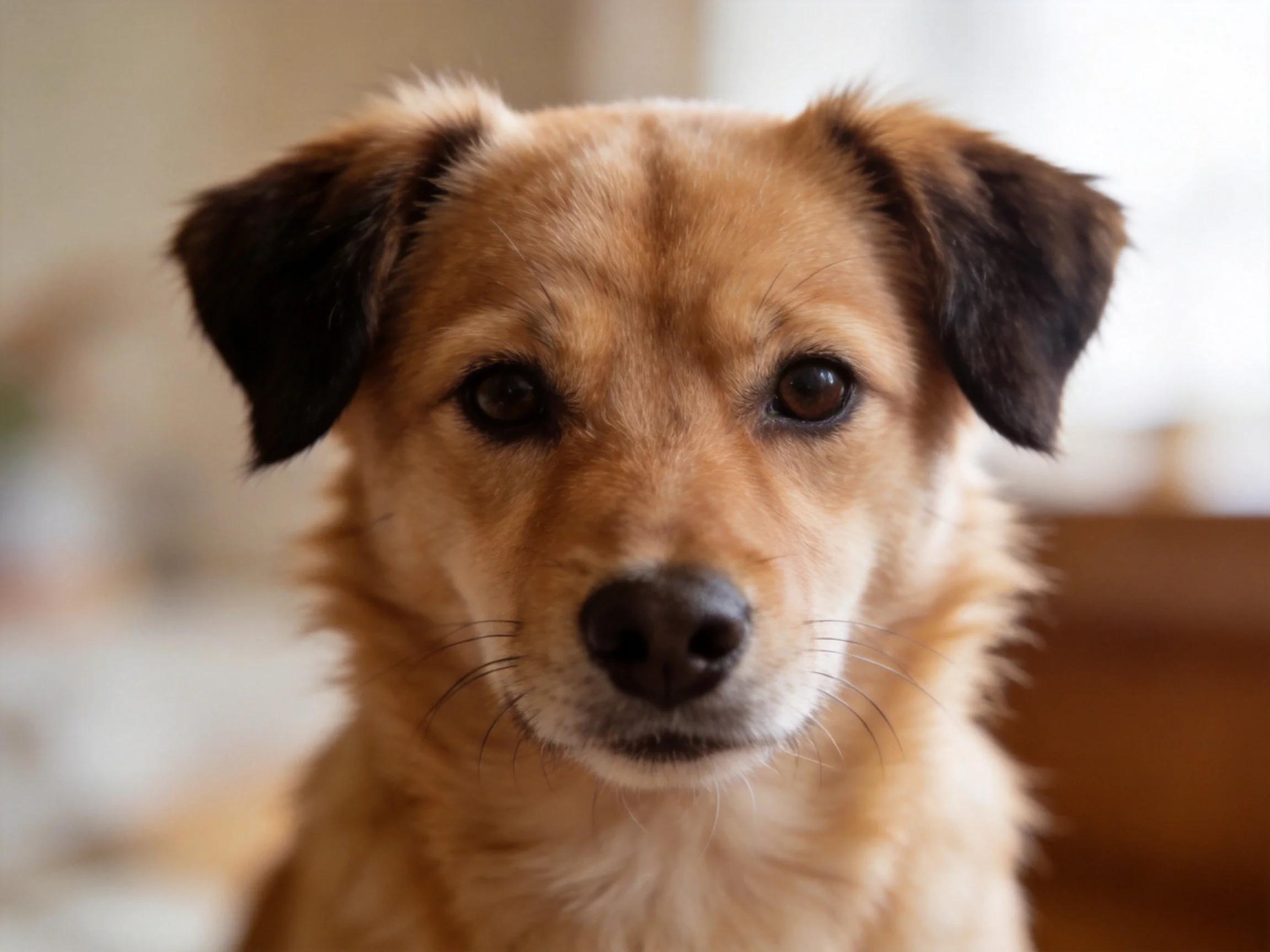 A tan dog with dark ears is captured in a close - up indoor photograph.