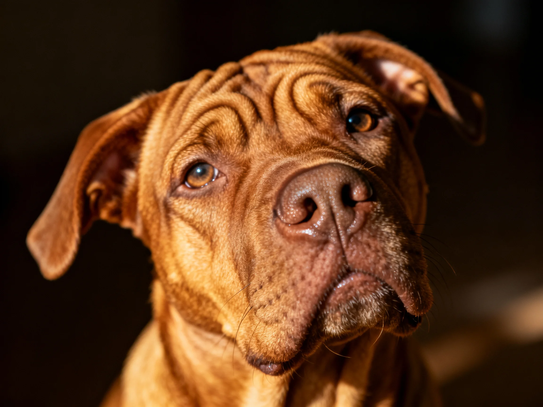 A close-up of a brown Mastiff dog with prominent facial wrinkles