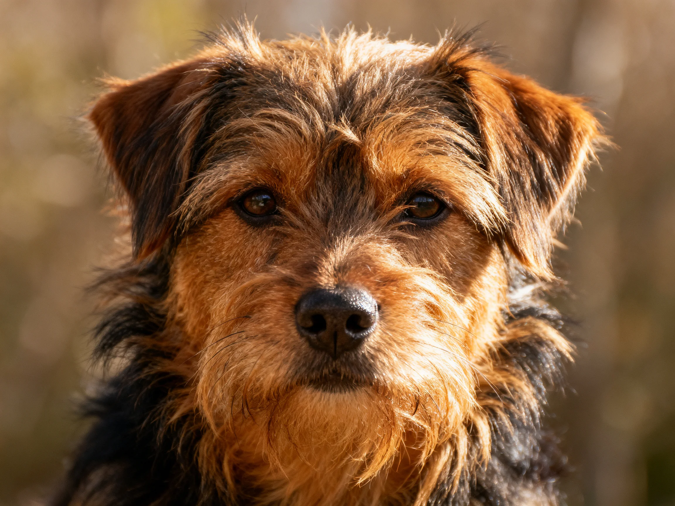 A close-up of a brown and black shaggy-coated dog in natural light
