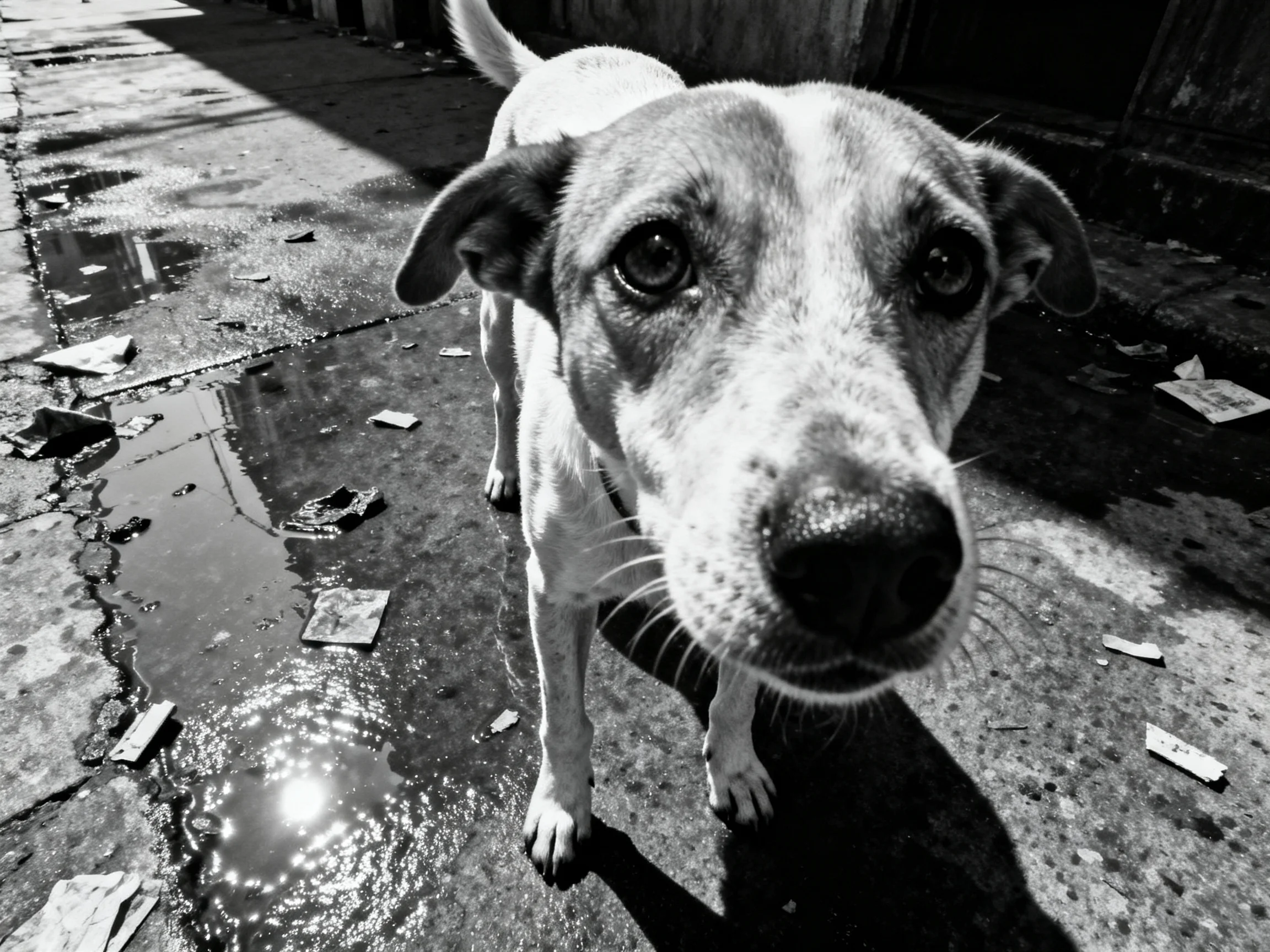 A close-up of a dog on a wet, littered alleyway pavement