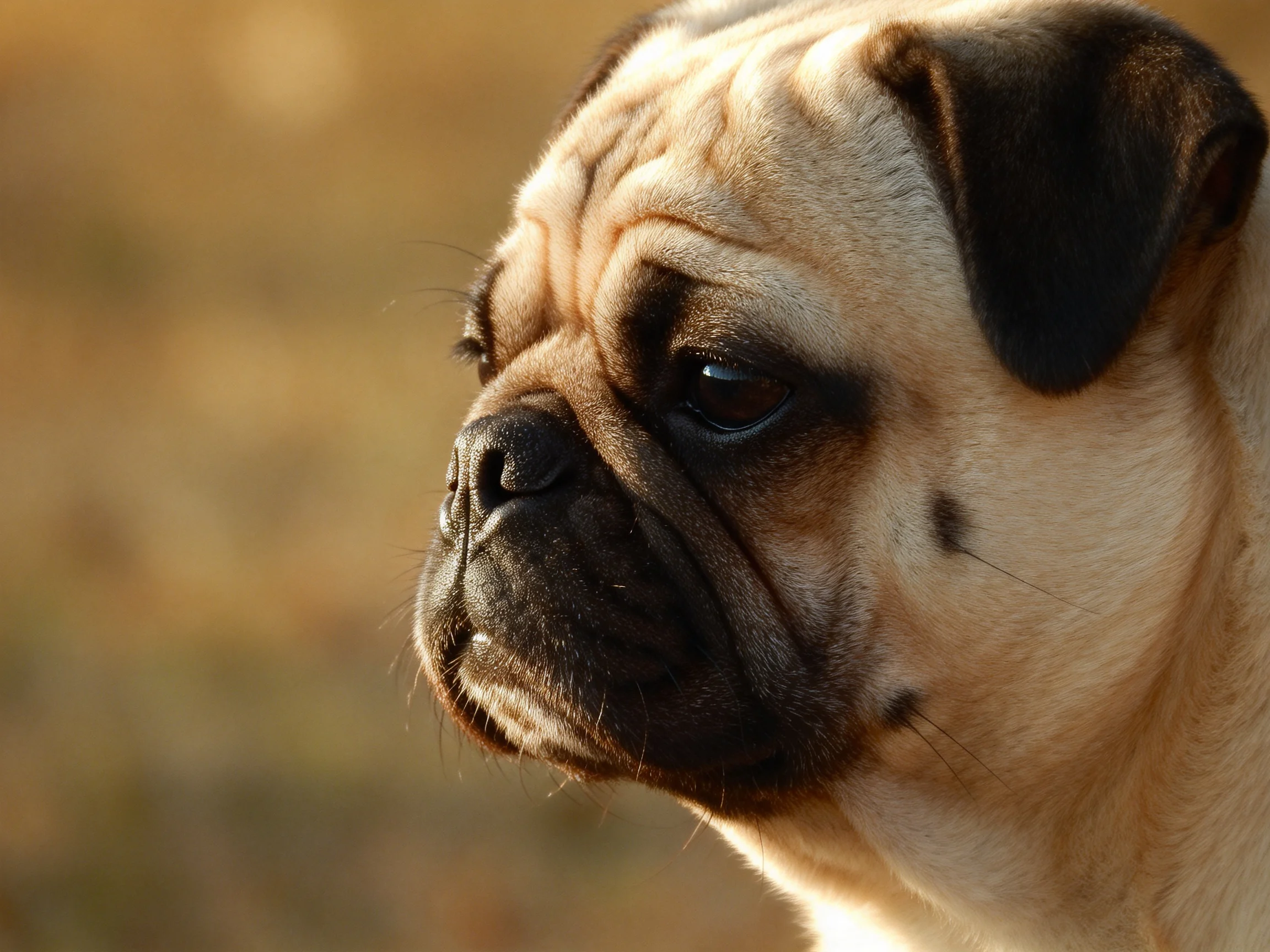 A close-up of a fawn pug with dark facial features against a blurred background.