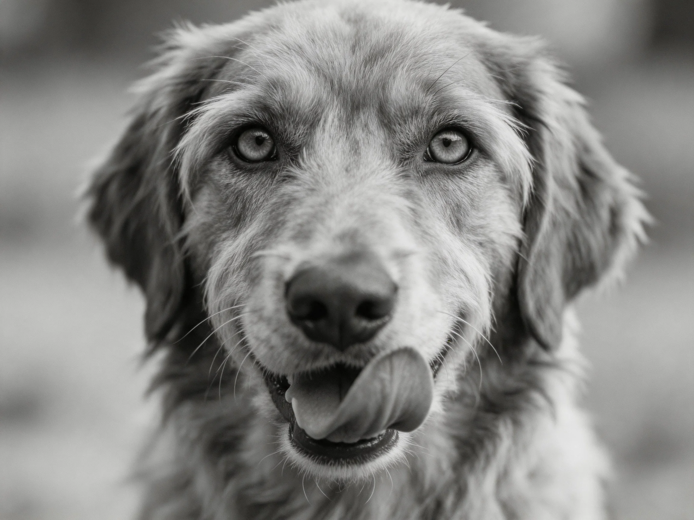 A close-up of a dog with expressive eyes and tongue out.