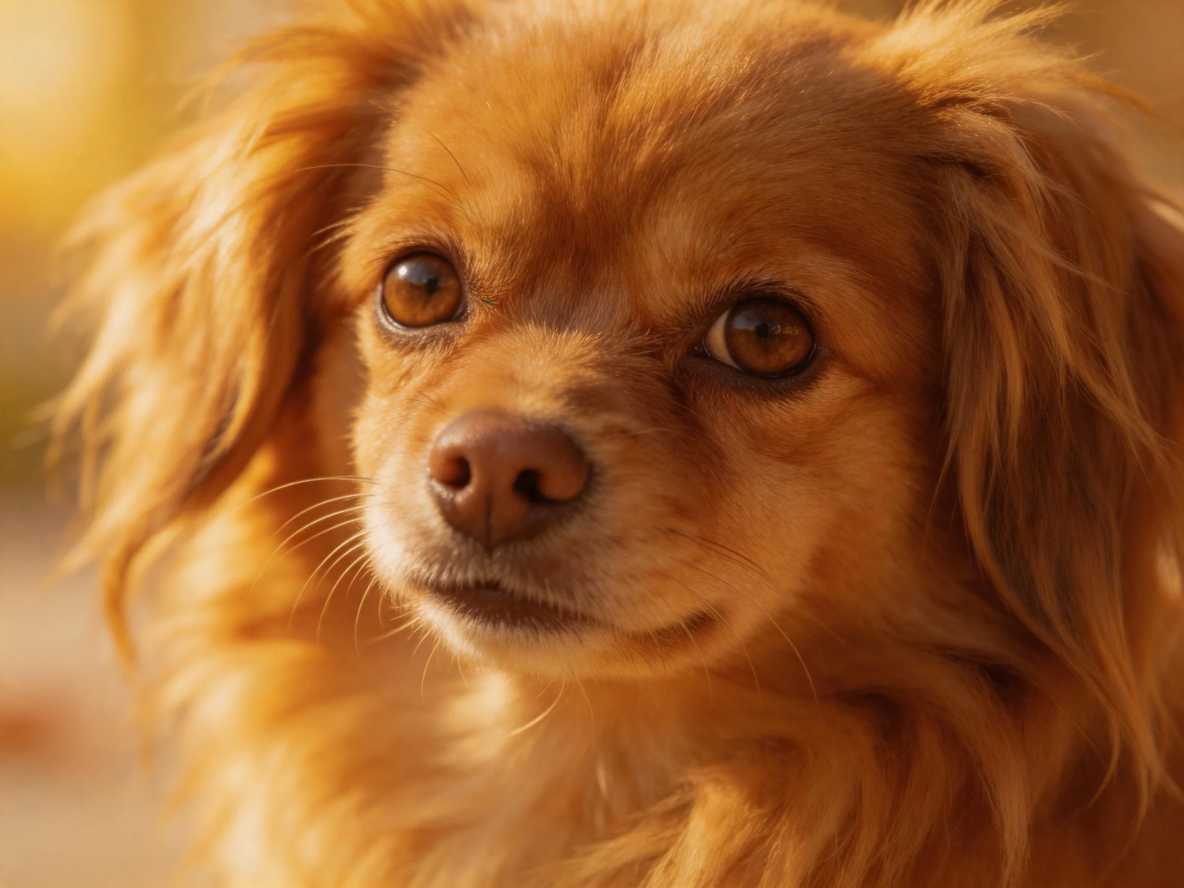 A golden-brown dog with large brown eyes is shown in a close-up.
