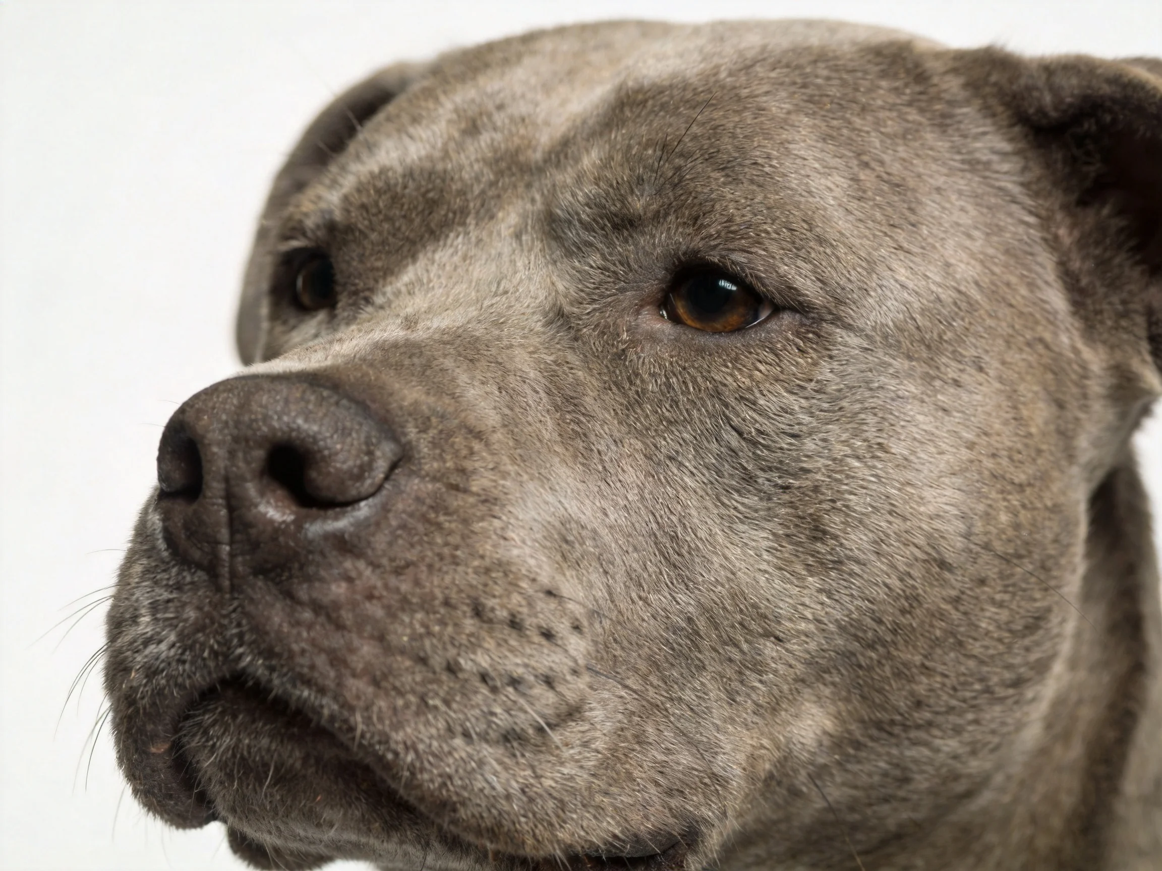 A close-up of a gray pit bull with smooth fur and distinct facial features