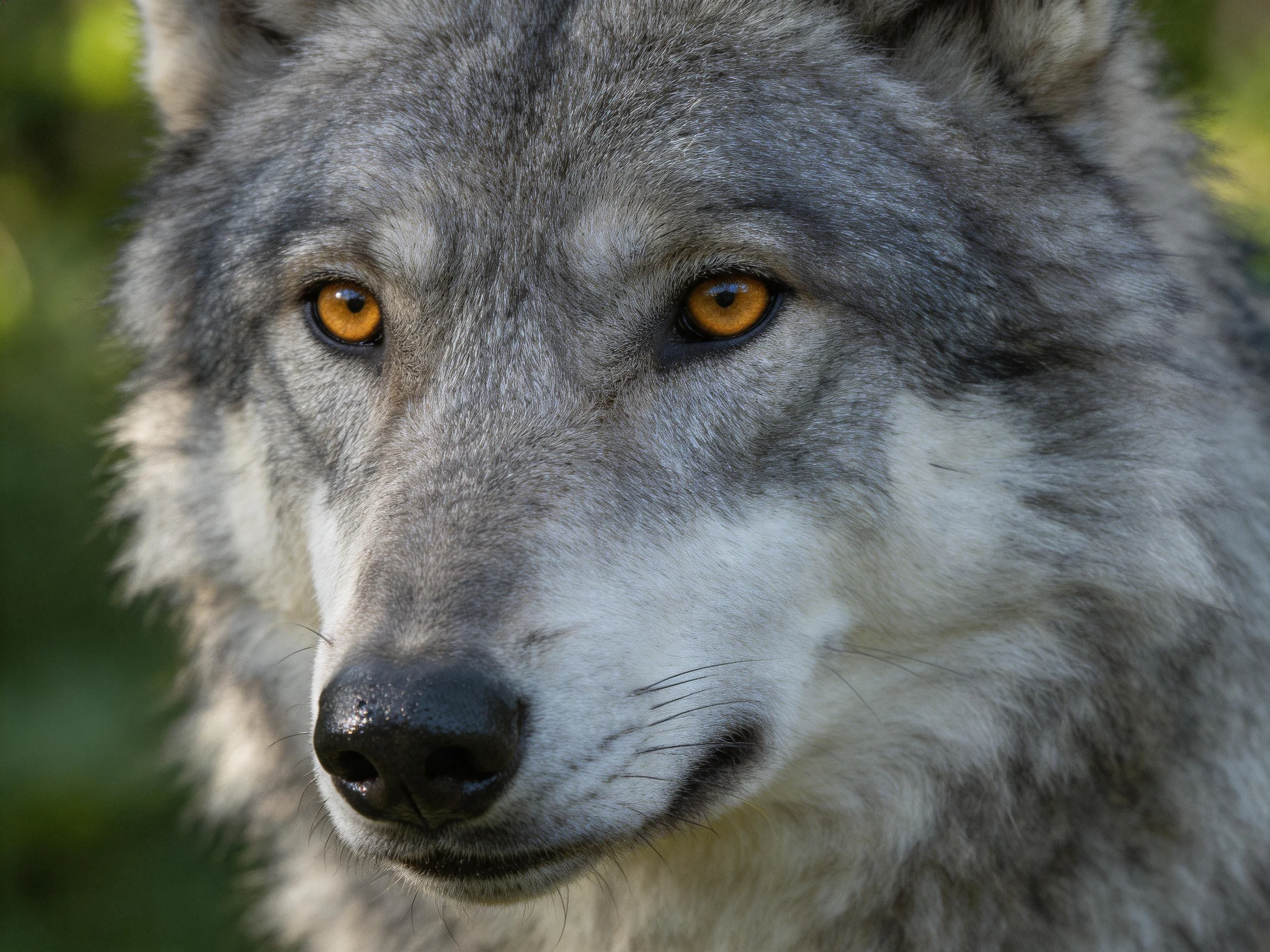 A gray wolf with amber eyes gazes intently amid a blurred green backdrop.